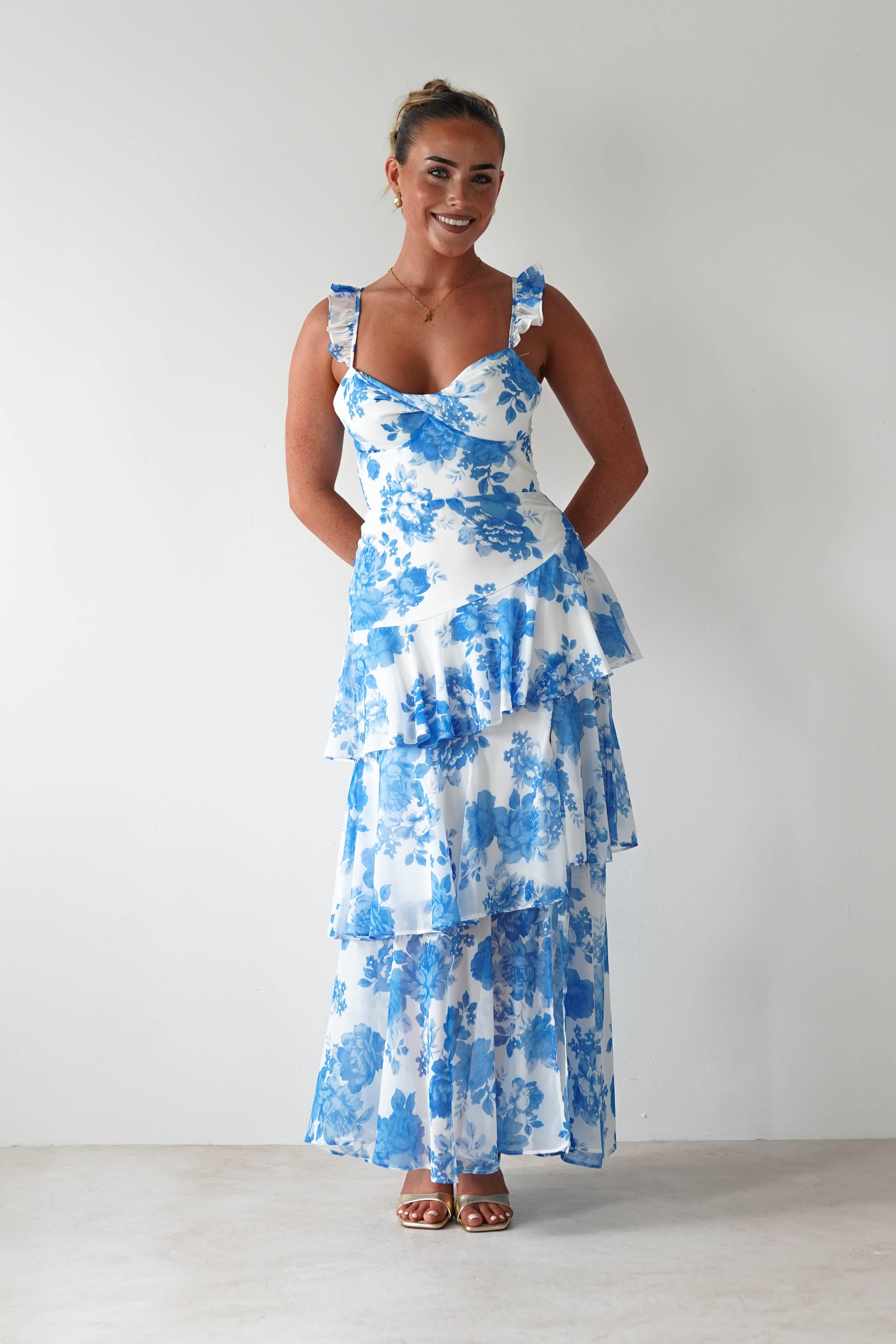 Madrid Ruffle Floral Maxi Dress Blue | Wedding Guest Dress | Maxi | Oh Hello Clothing