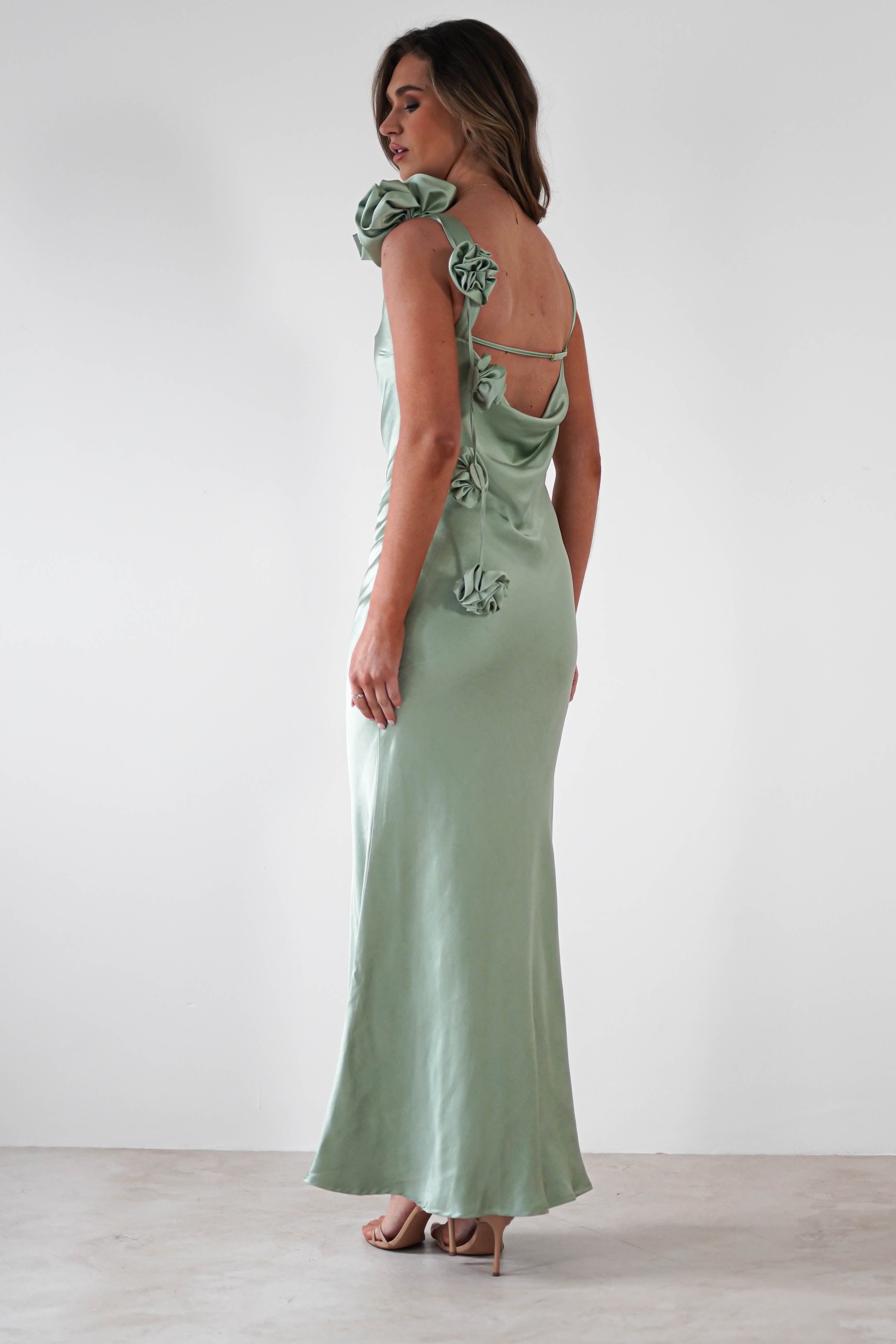 Karley Soft Satin Maxi Dress Sage Green | Wedding Guest Dress | Maxi | Satin | Oh Hello Clothing
