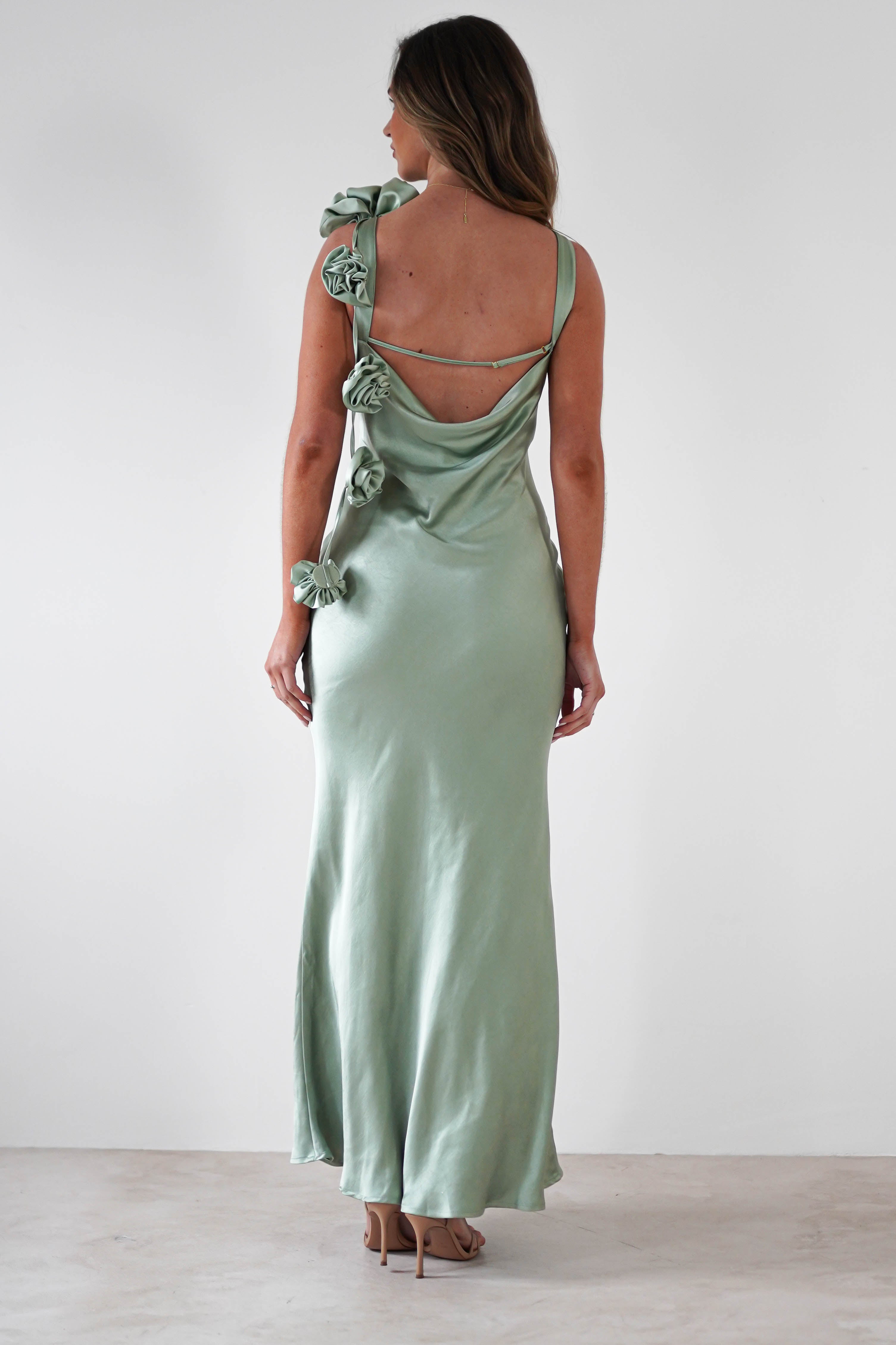Karley Soft Satin Maxi Dress Sage Green | Wedding Guest Dress | Maxi | Satin | Oh Hello Clothing