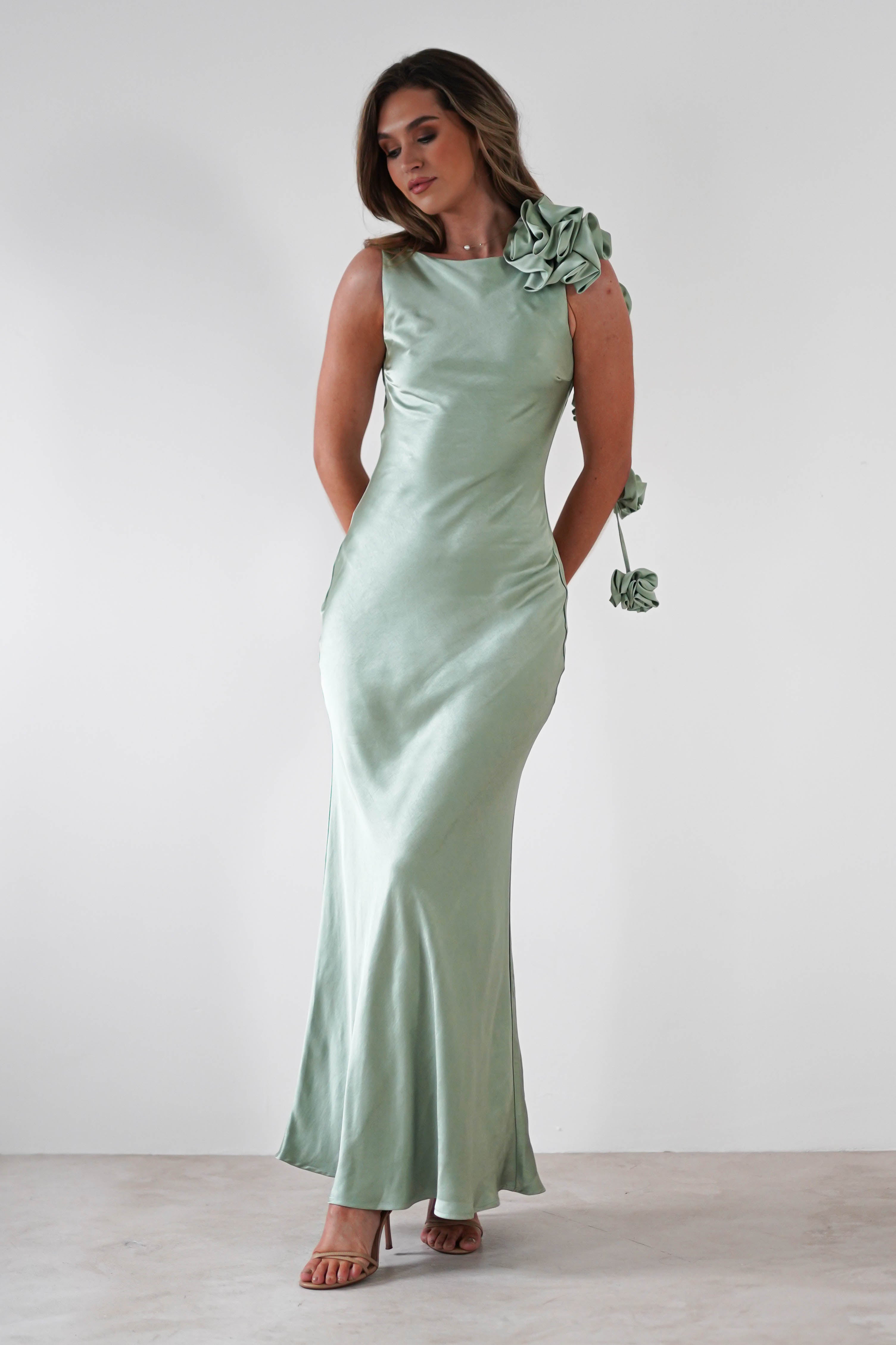 Karley Soft Satin Maxi Dress Sage Green | Wedding Guest Dress | Maxi | Satin | Oh Hello Clothing