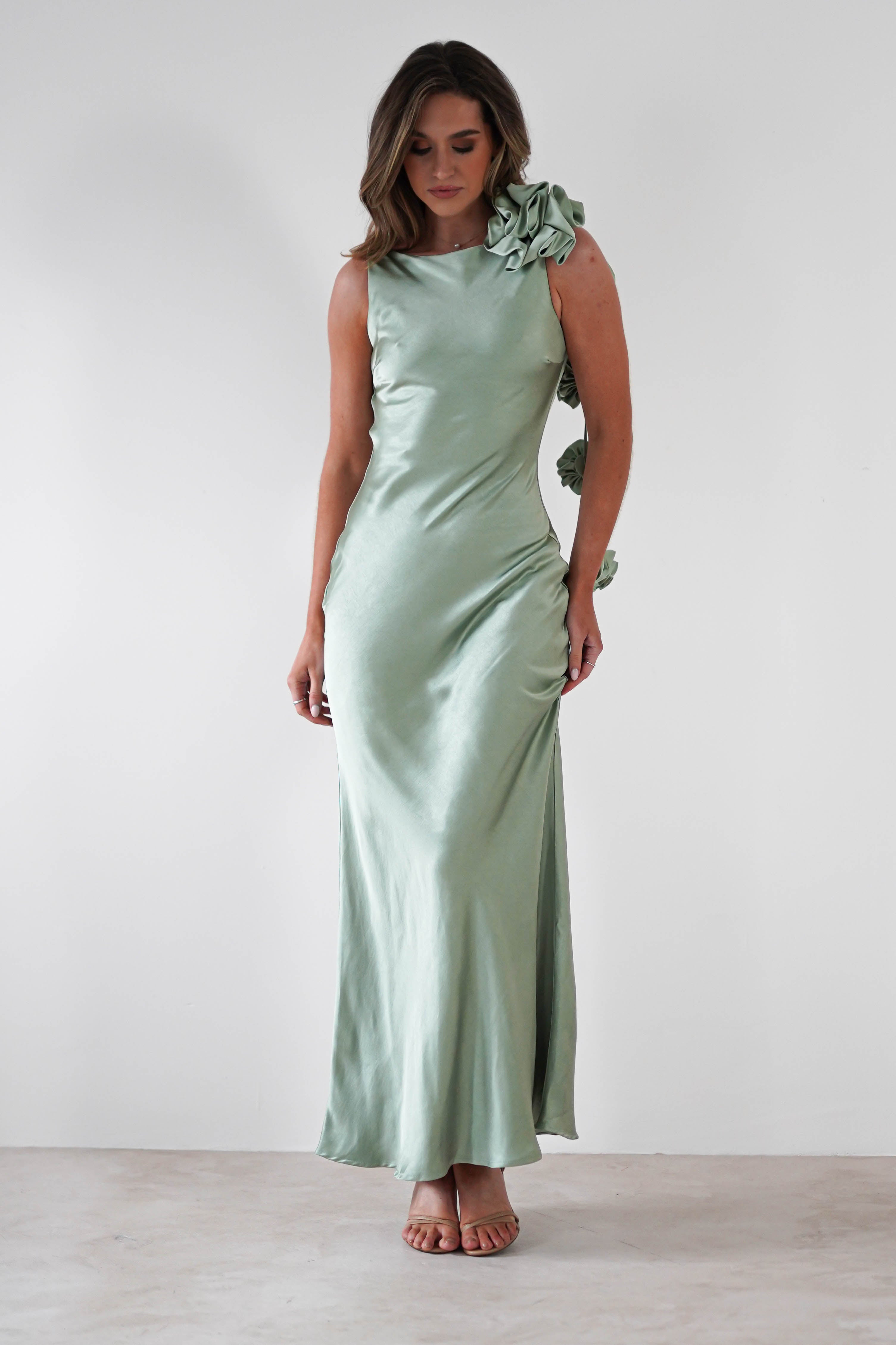 Karley Soft Satin Maxi Dress Sage Green | Wedding Guest Dress | Maxi | Satin | Oh Hello Clothing