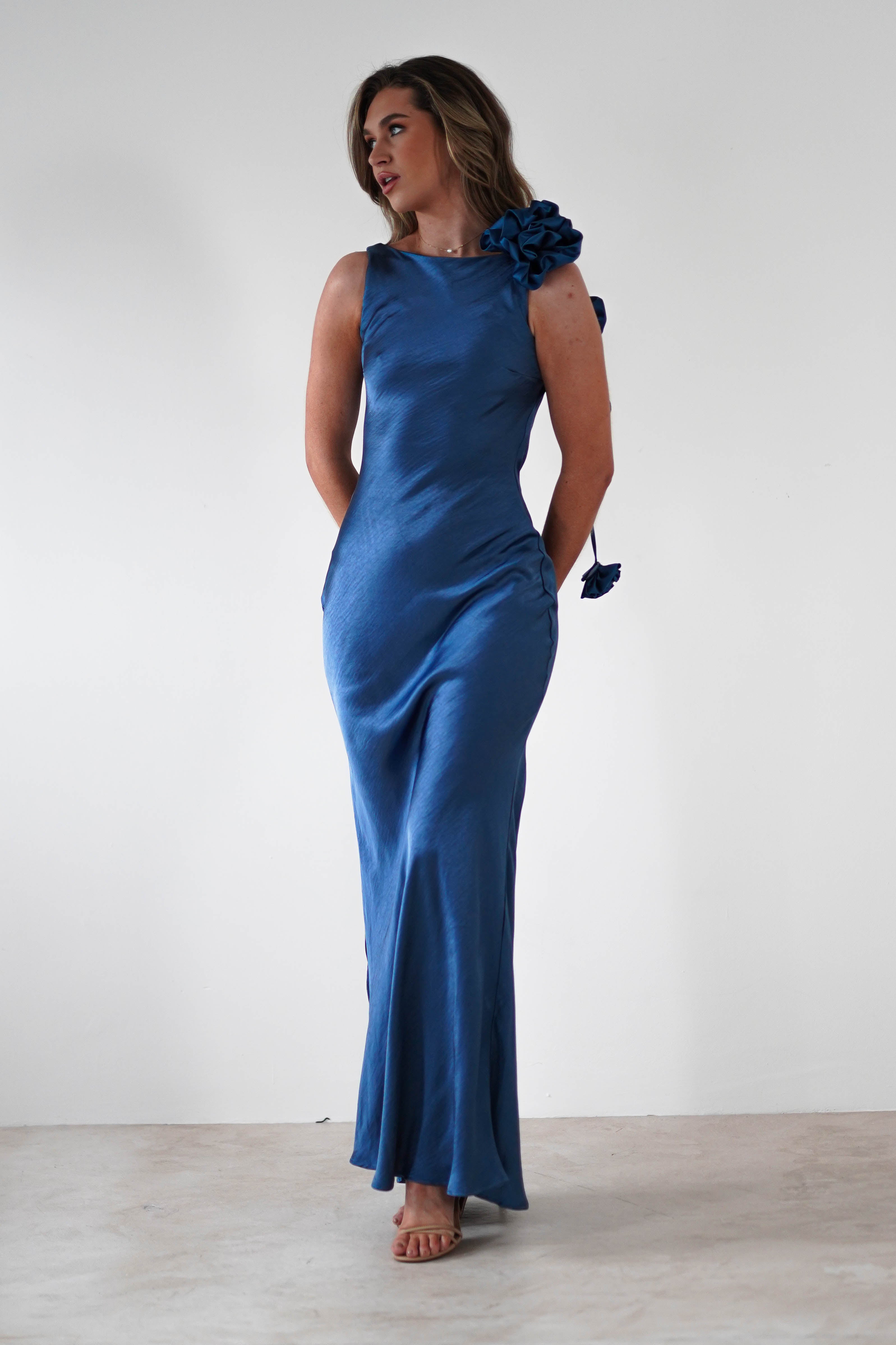 Karley Soft Satin Maxi Dress Slate Blue | Wedding Guest Dress | Maxi | Satin | Oh Hello Clothing