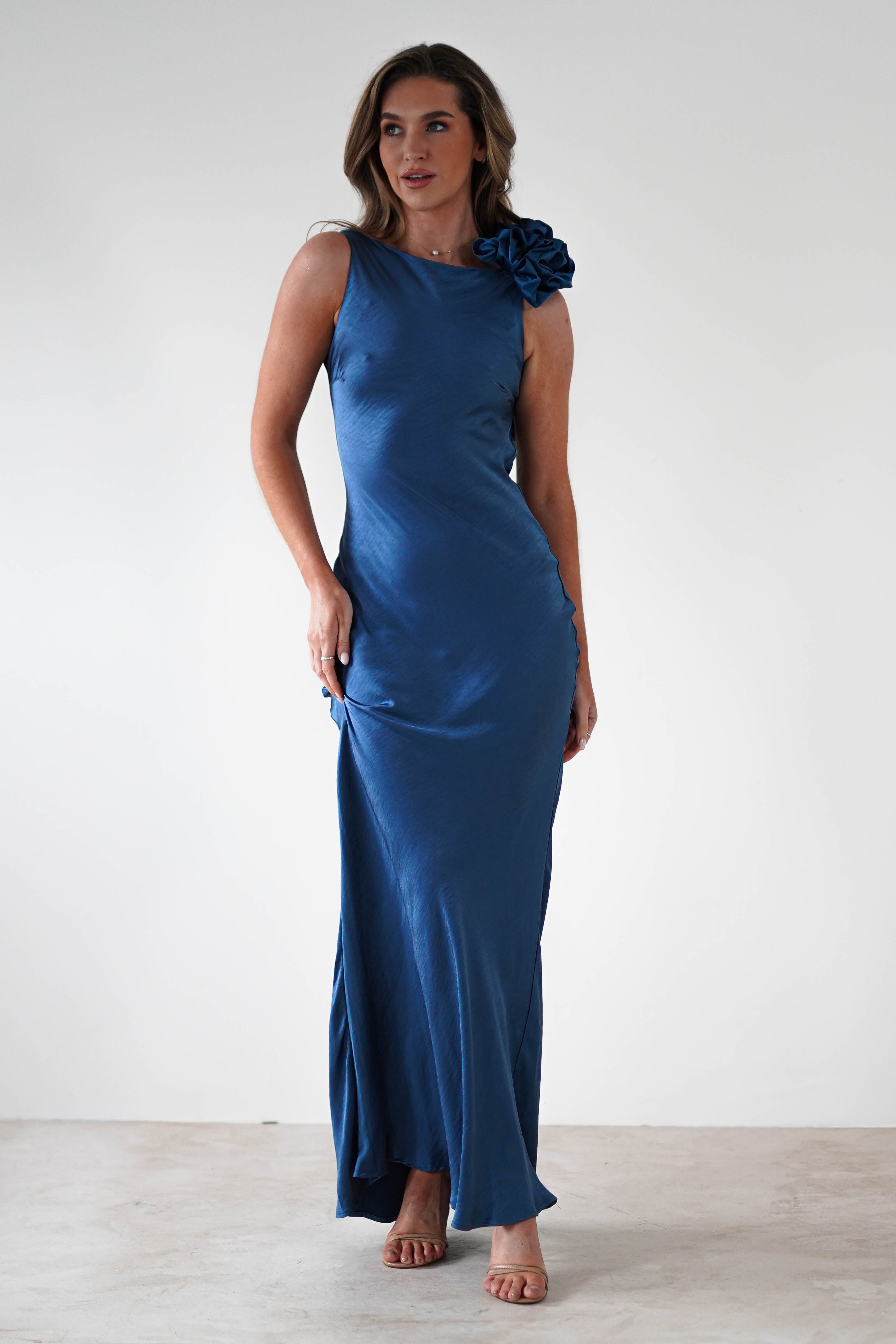 Karley Soft Satin Maxi Dress Slate Blue | Wedding Guest Dress | Maxi | Satin | Oh Hello Clothing