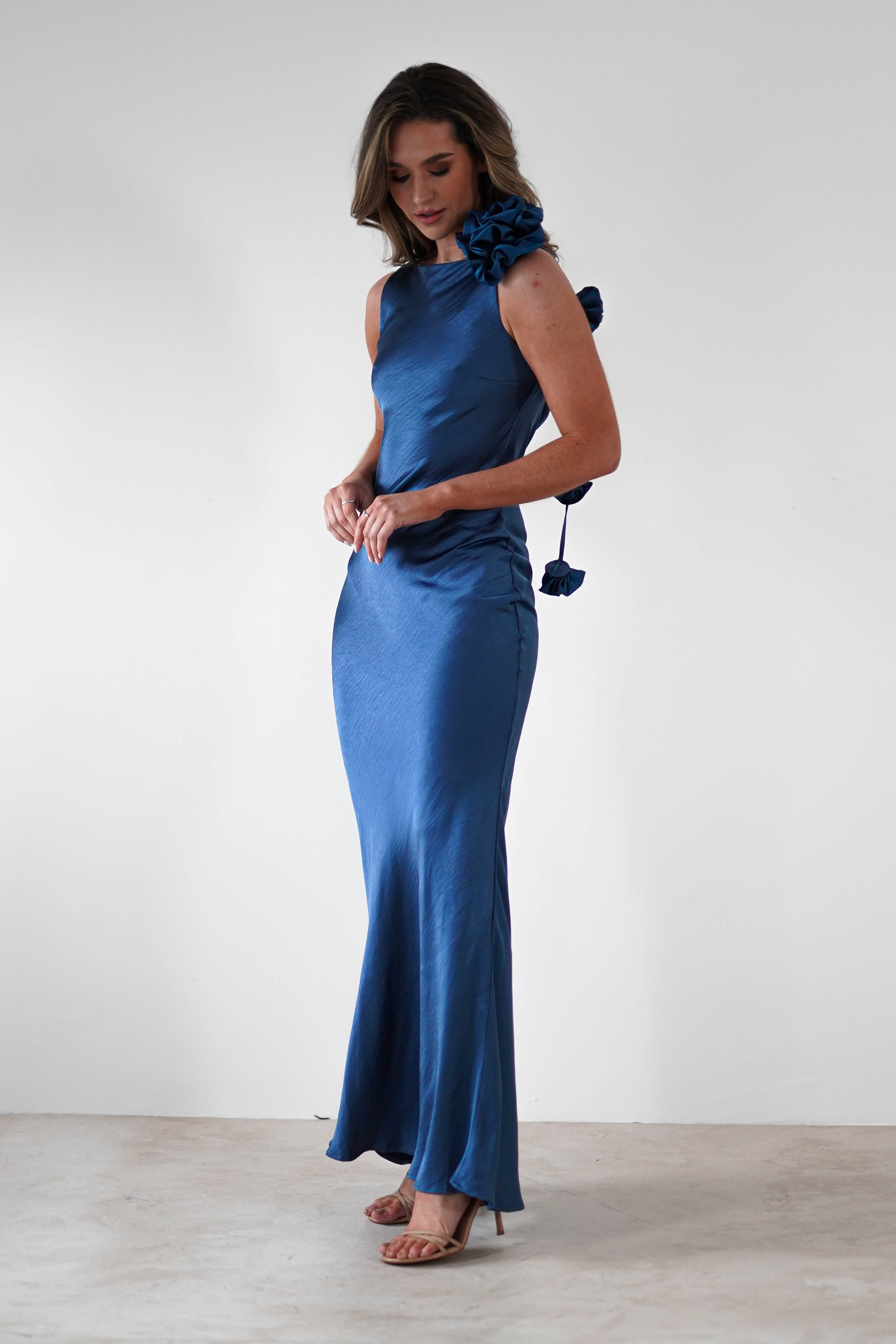Karley Soft Satin Maxi Dress Slate Blue | Wedding Guest Dress | Maxi | Satin | Oh Hello Clothing
