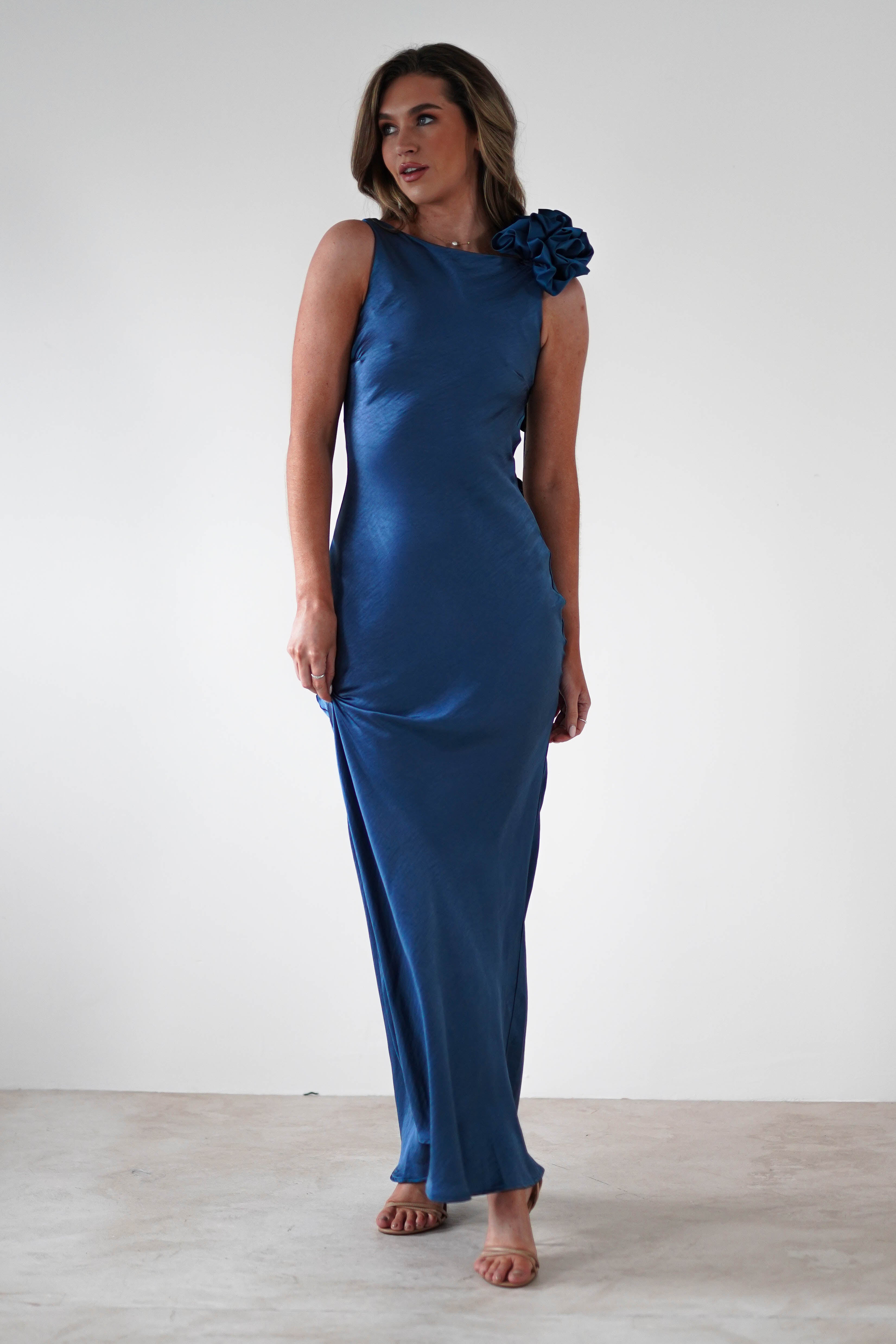 Karley Soft Satin Maxi Dress Slate Blue | Wedding Guest Dress | Maxi | Satin | Oh Hello Clothing