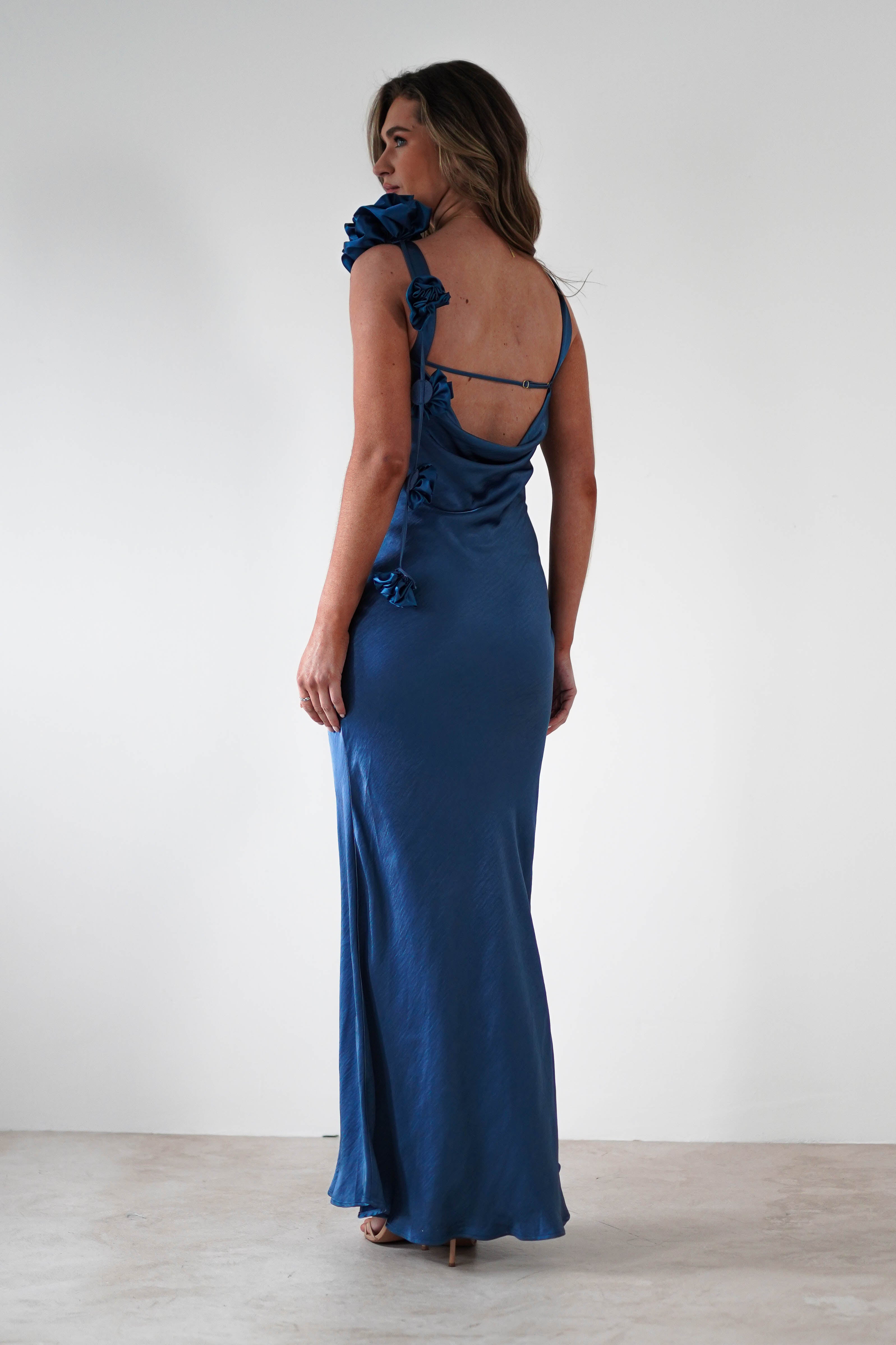 Karley Soft Satin Maxi Dress Slate Blue | Wedding Guest Dress | Maxi | Satin | Oh Hello Clothing