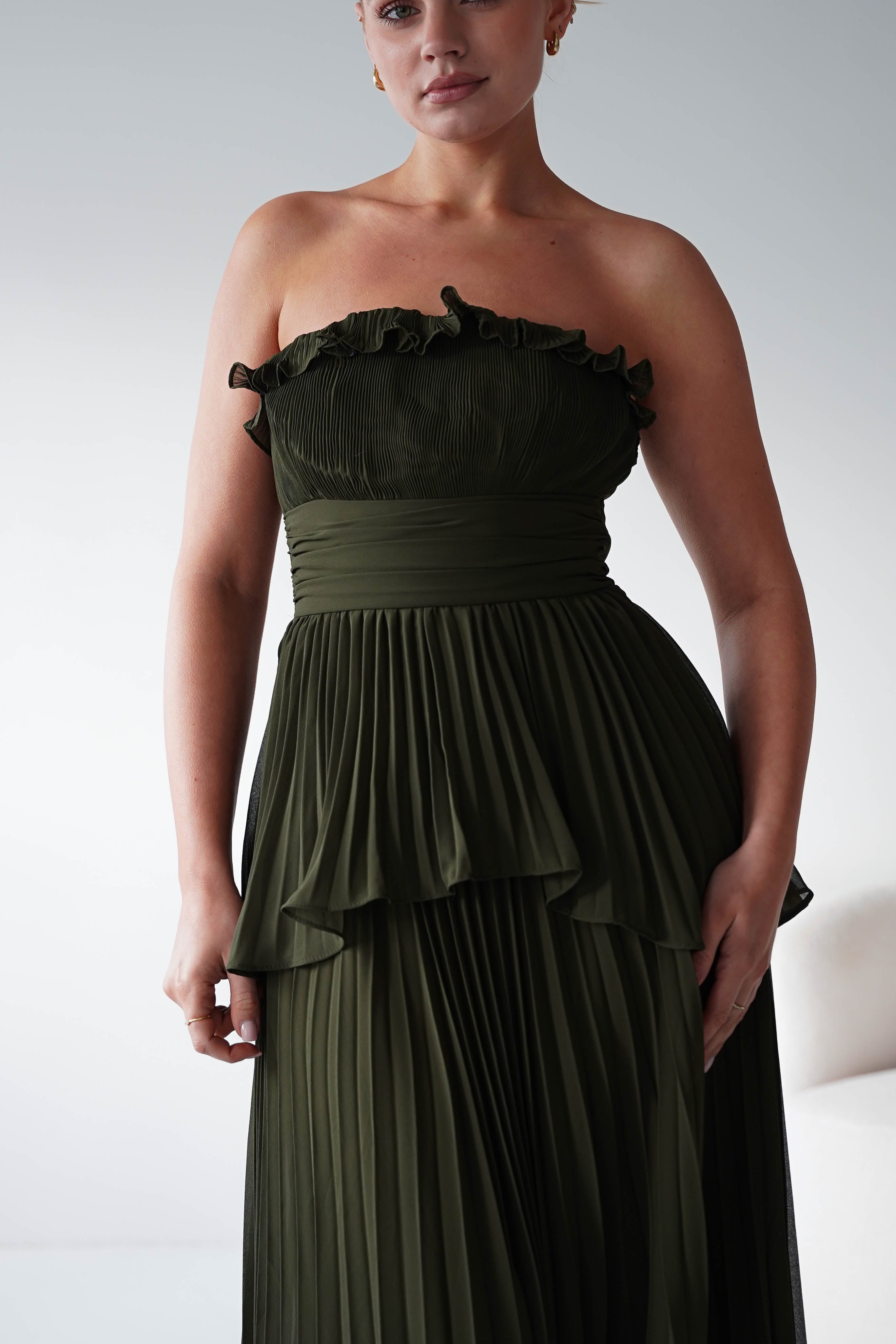 Oh Hello Clothing Women > Clothing > Dresses 1*DONE - MANIJU- MF23064-Green Strapless Pleated Maxi Dress