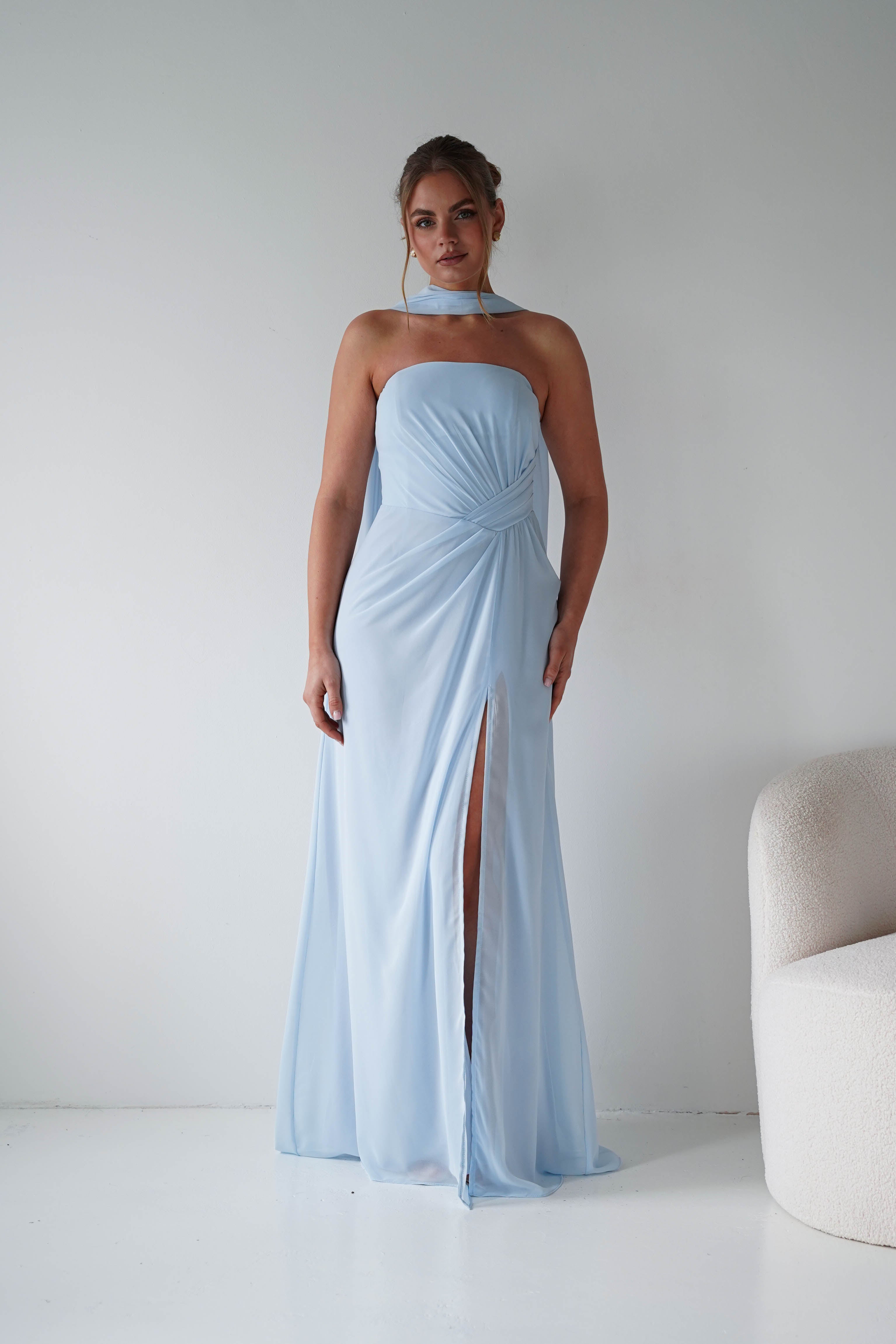 Oh Hello Clothing Women > Clothing > Dresses 1*DONE - MANIJU- MF23090-Light Blue Strapless Maxi Dress with Matching Scarf