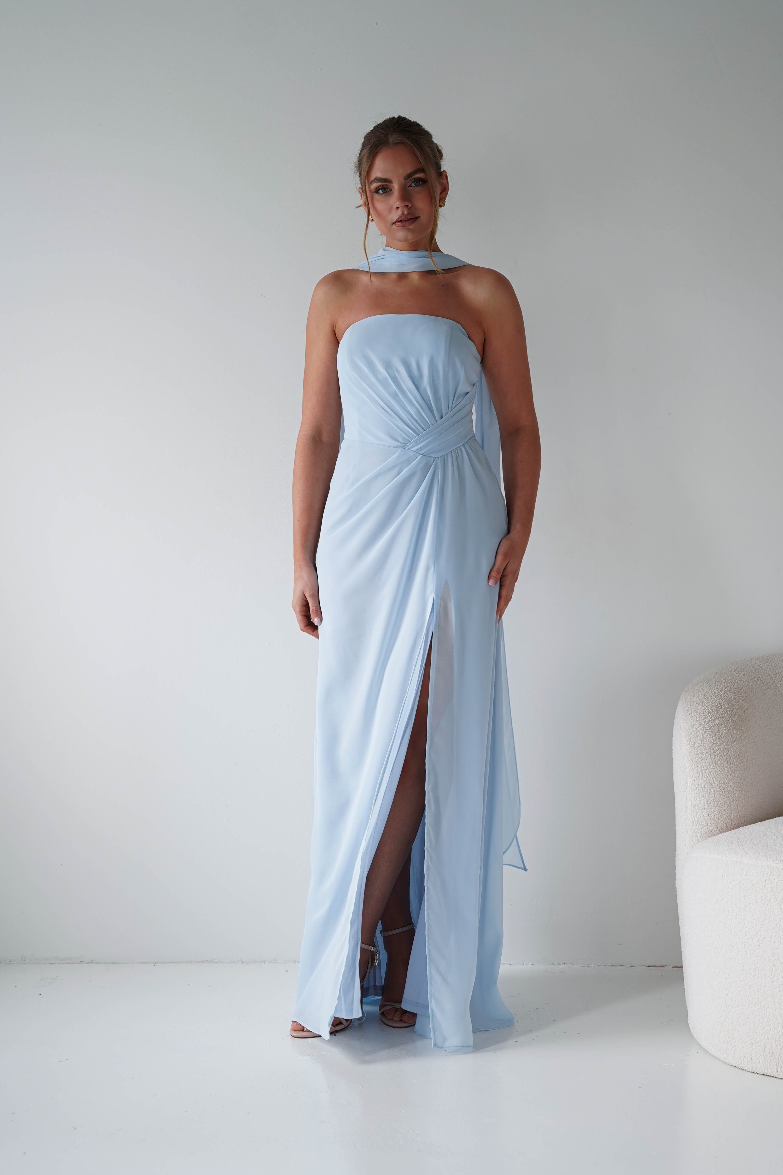 Oh Hello Clothing Women > Clothing > Dresses 1*DONE - MANIJU- MF23090-Light Blue Strapless Maxi Dress with Matching Scarf