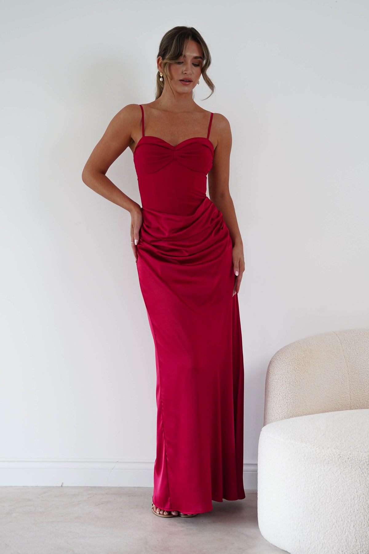 Oh Hello Clothing Women > Clothing > Dresses 1*DONE-MANIJU-MF23222-Red Satin Corset Draped Maxi Dress