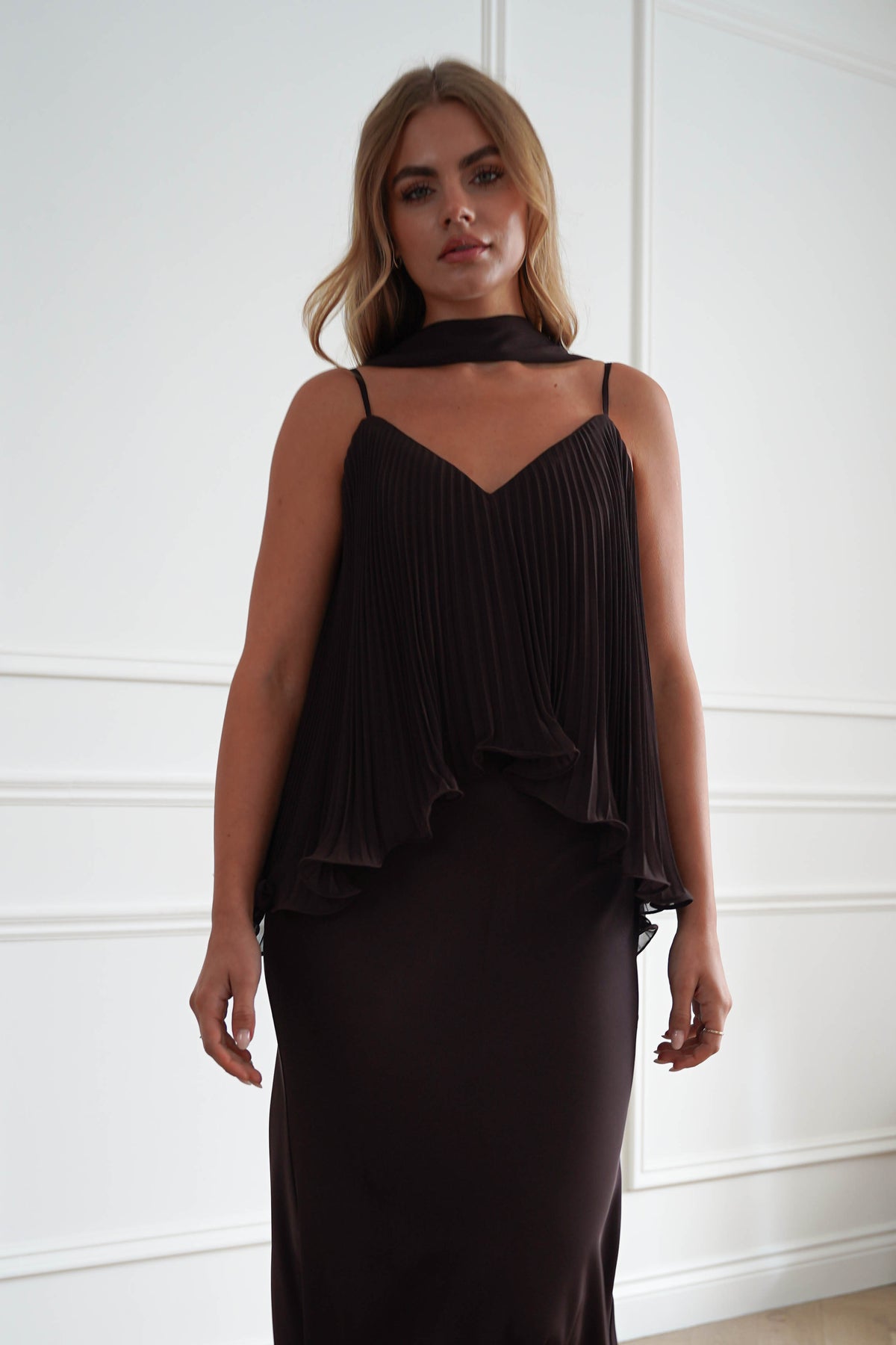 Oh Hello Clothing Women > Clothing > Dresses 1*DONE-MANIJU-MF23347-Chocolate Pleated Overlay Maxi Dress (Copy)