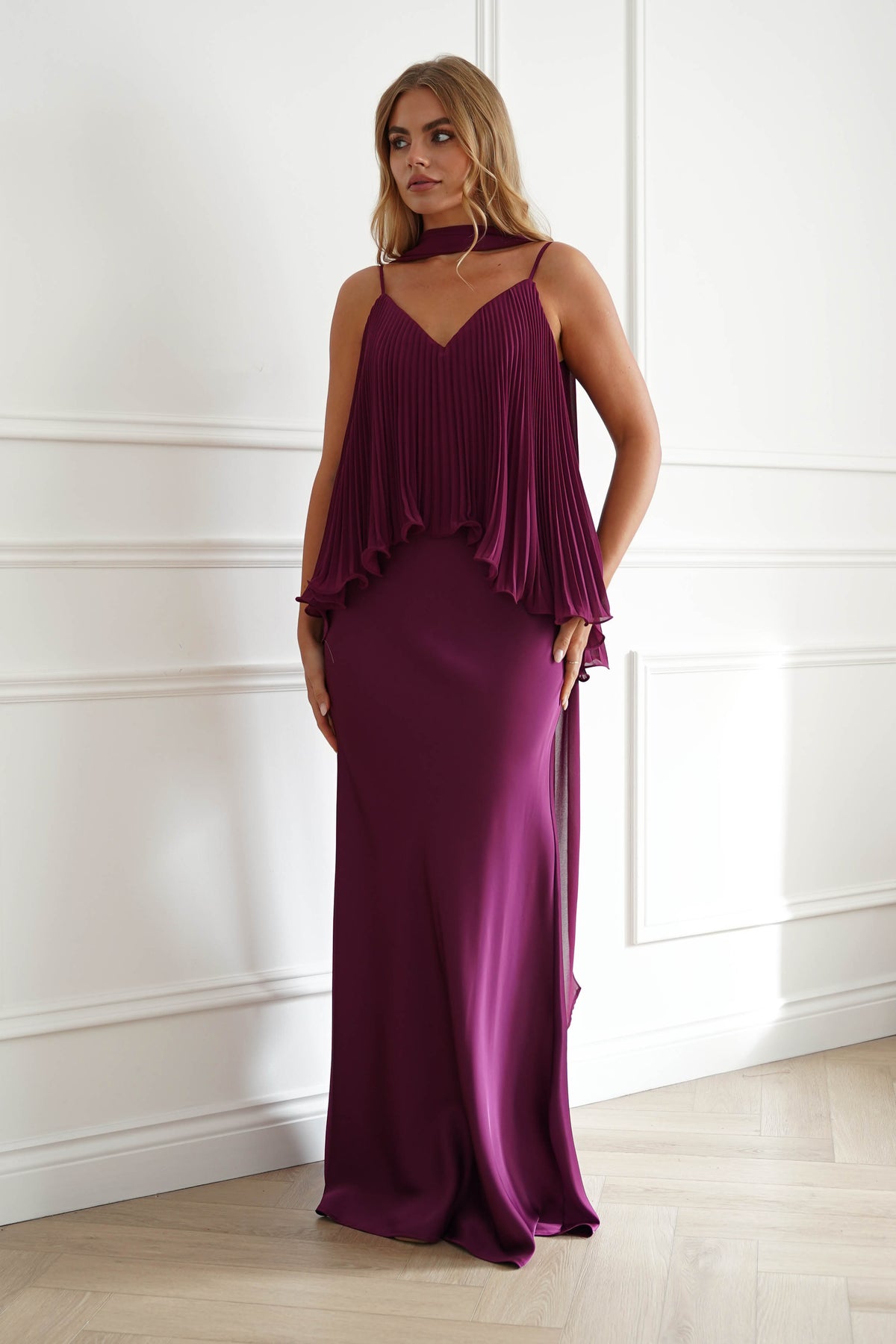 Oh Hello Clothing Women > Clothing > Dresses 1*DONE-MANIJU-MF23347-Plum Pleated Overlay Maxi Dress