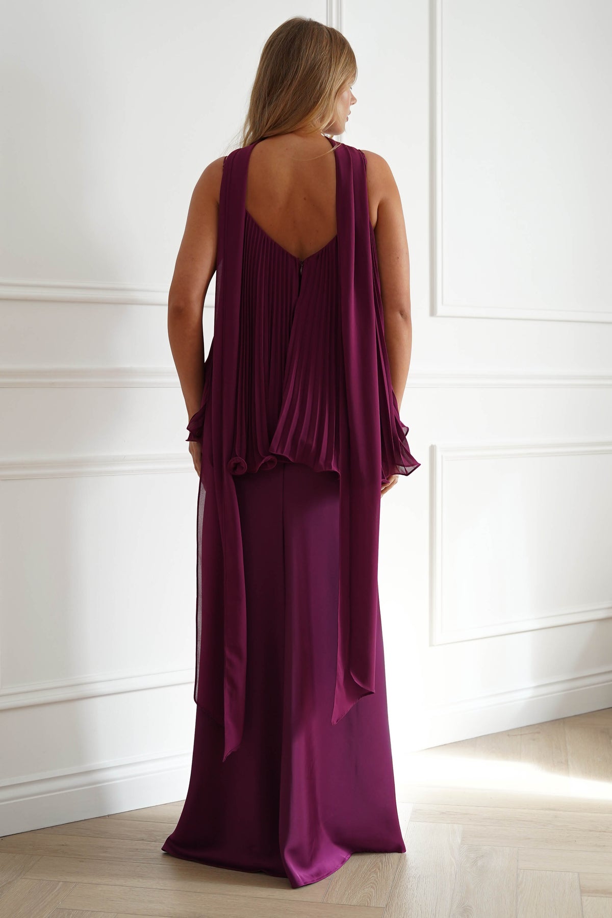 Oh Hello Clothing Women > Clothing > Dresses 1*DONE-MANIJU-MF23347-Plum Pleated Overlay Maxi Dress
