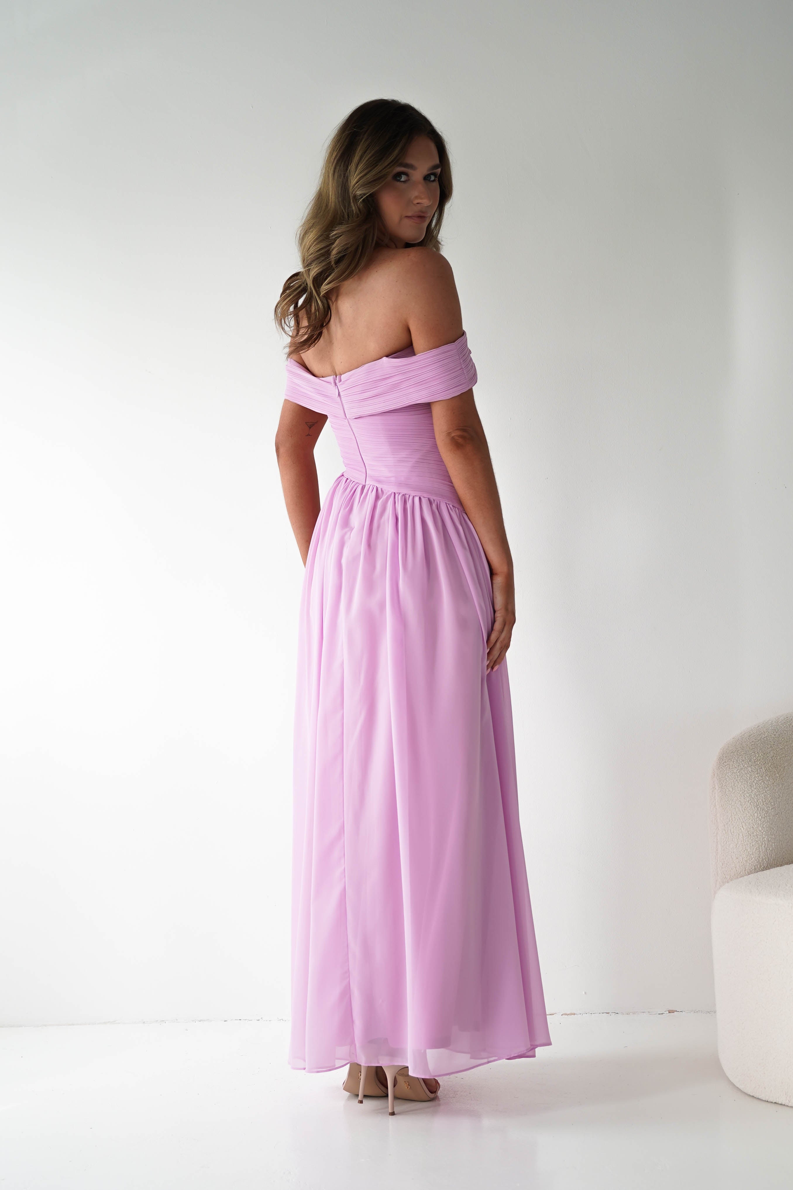 Oh Hello Clothing Women > Clothing > Dresses 1*DONE - MANIJU-MF25145-Pink Pleated Off-Shoulder Maxi Dress