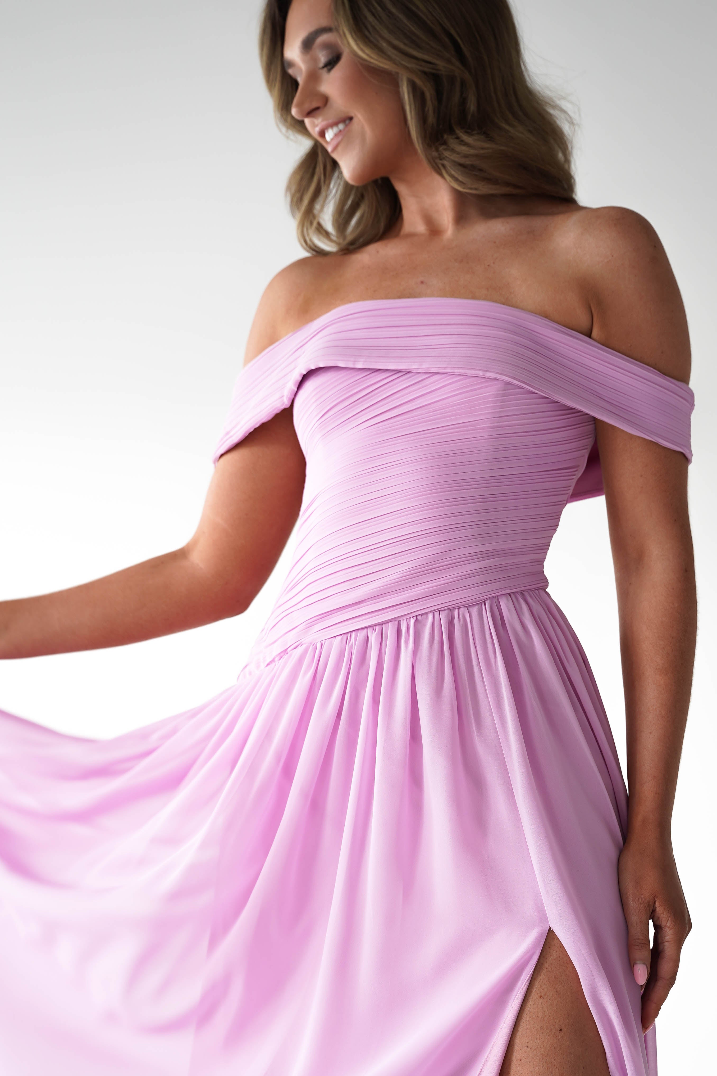 Oh Hello Clothing Women > Clothing > Dresses 1*DONE - MANIJU-MF25145-Pink Pleated Off-Shoulder Maxi Dress
