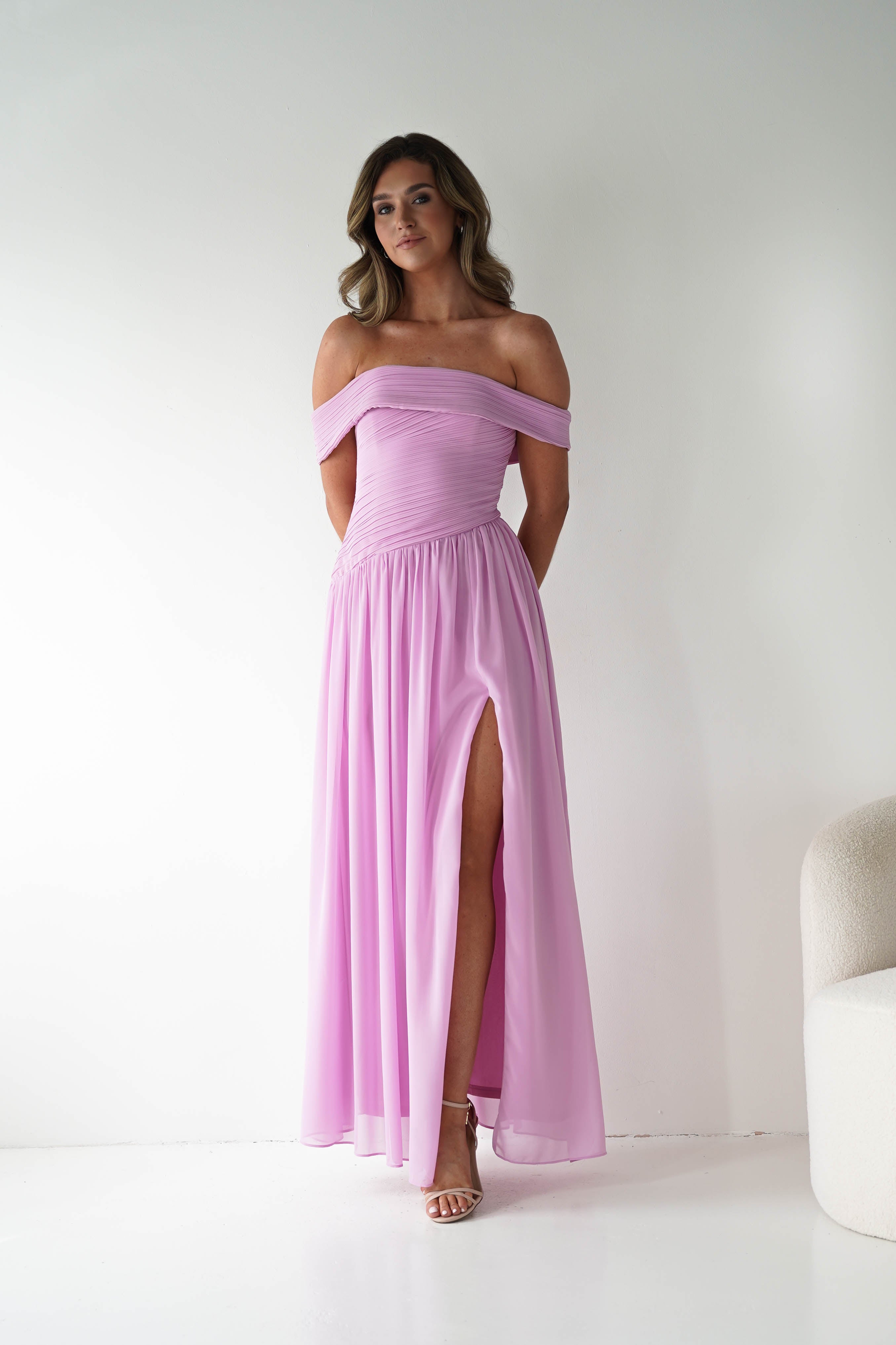 Oh Hello Clothing Women > Clothing > Dresses 1*DONE - MANIJU-MF25145-Pink Pleated Off-Shoulder Maxi Dress