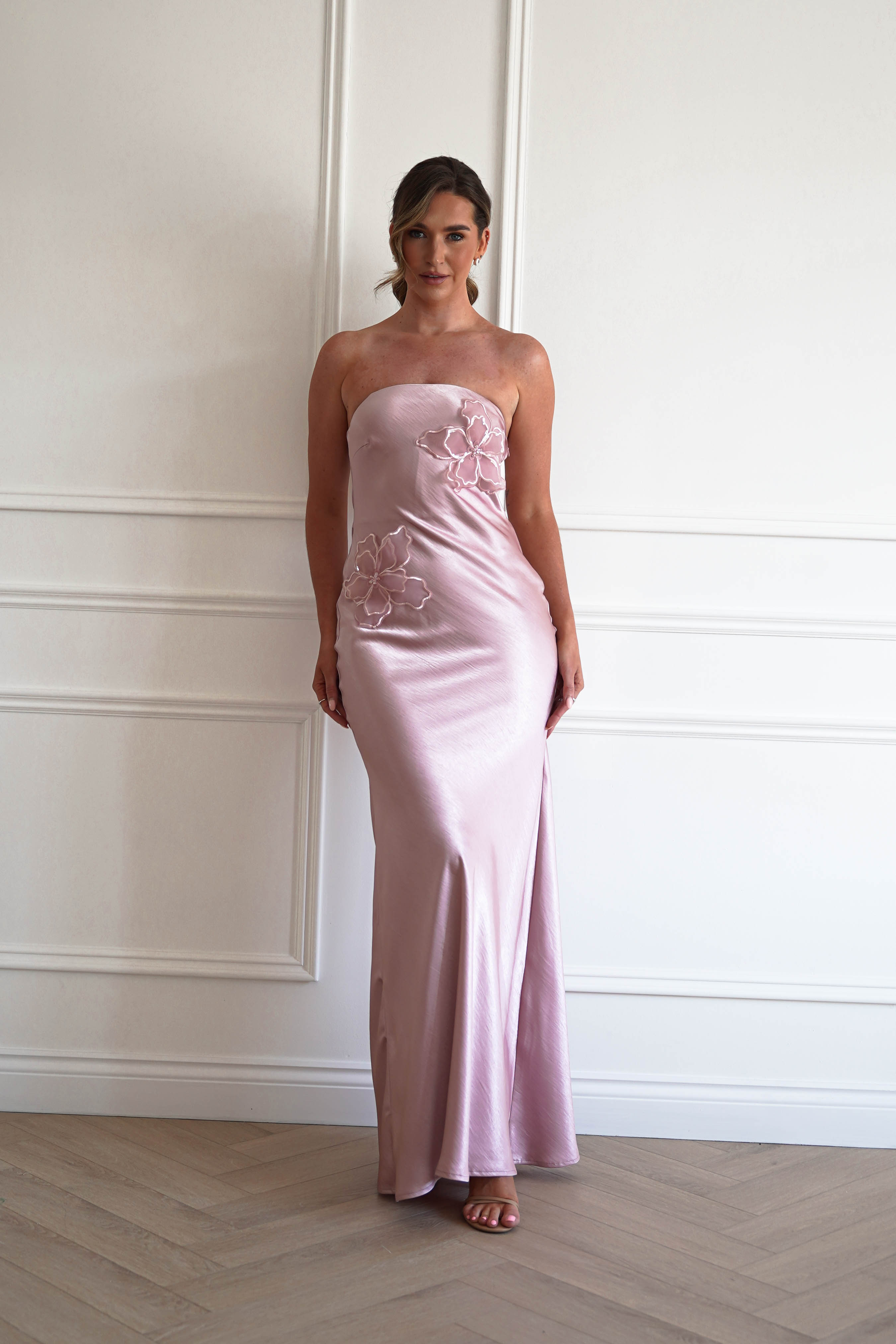 Oh Hello Clothing Women > Clothing > Dresses 1*DONE - MANIJU-MM24562-PINK Floral Appliqué Satin Maxi Dress