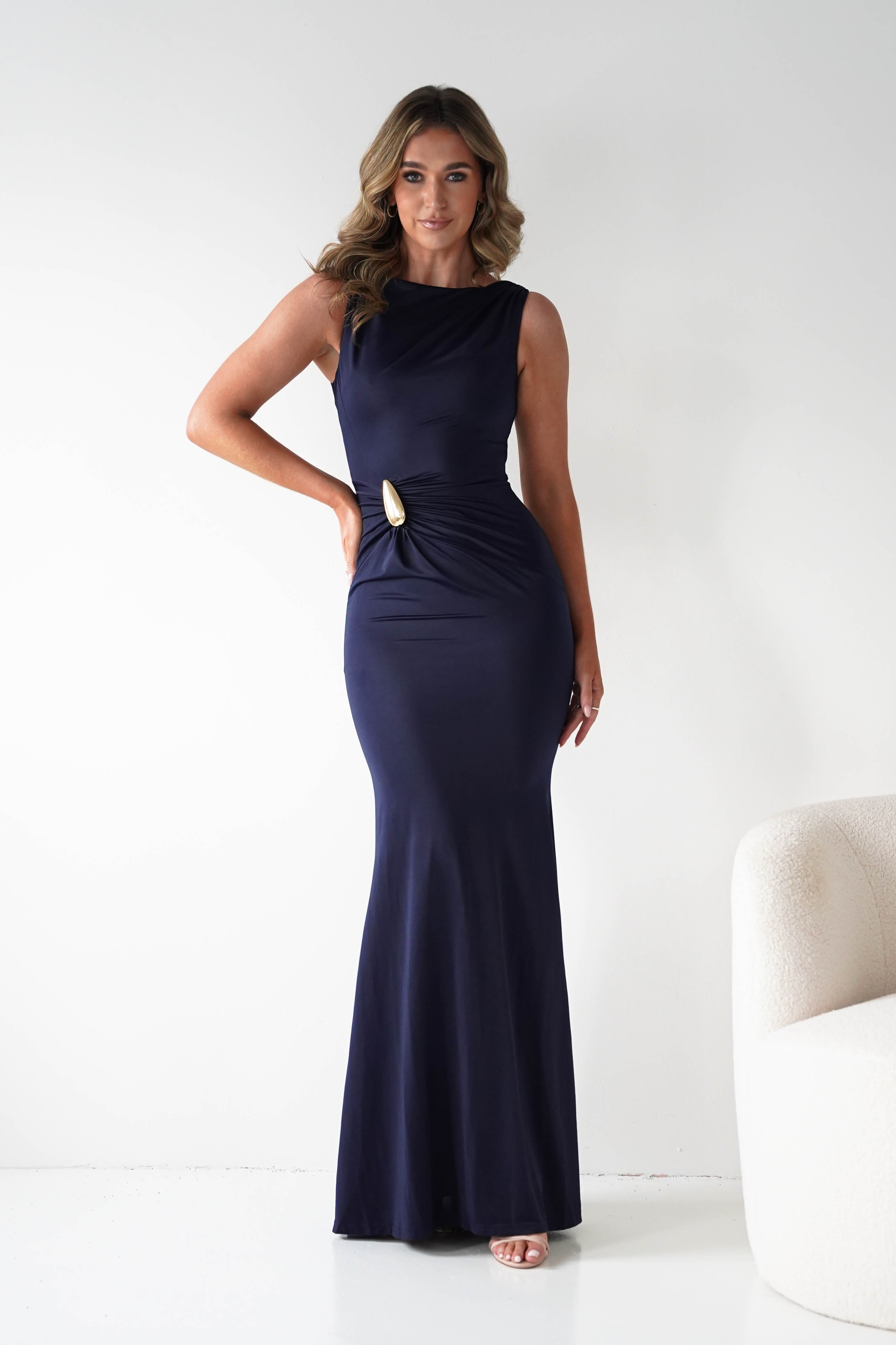 Oh Hello Clothing Dresses 1*DONE - MANIJU- MM25006-NAVY Draped Gold-Detail Maxi Dress