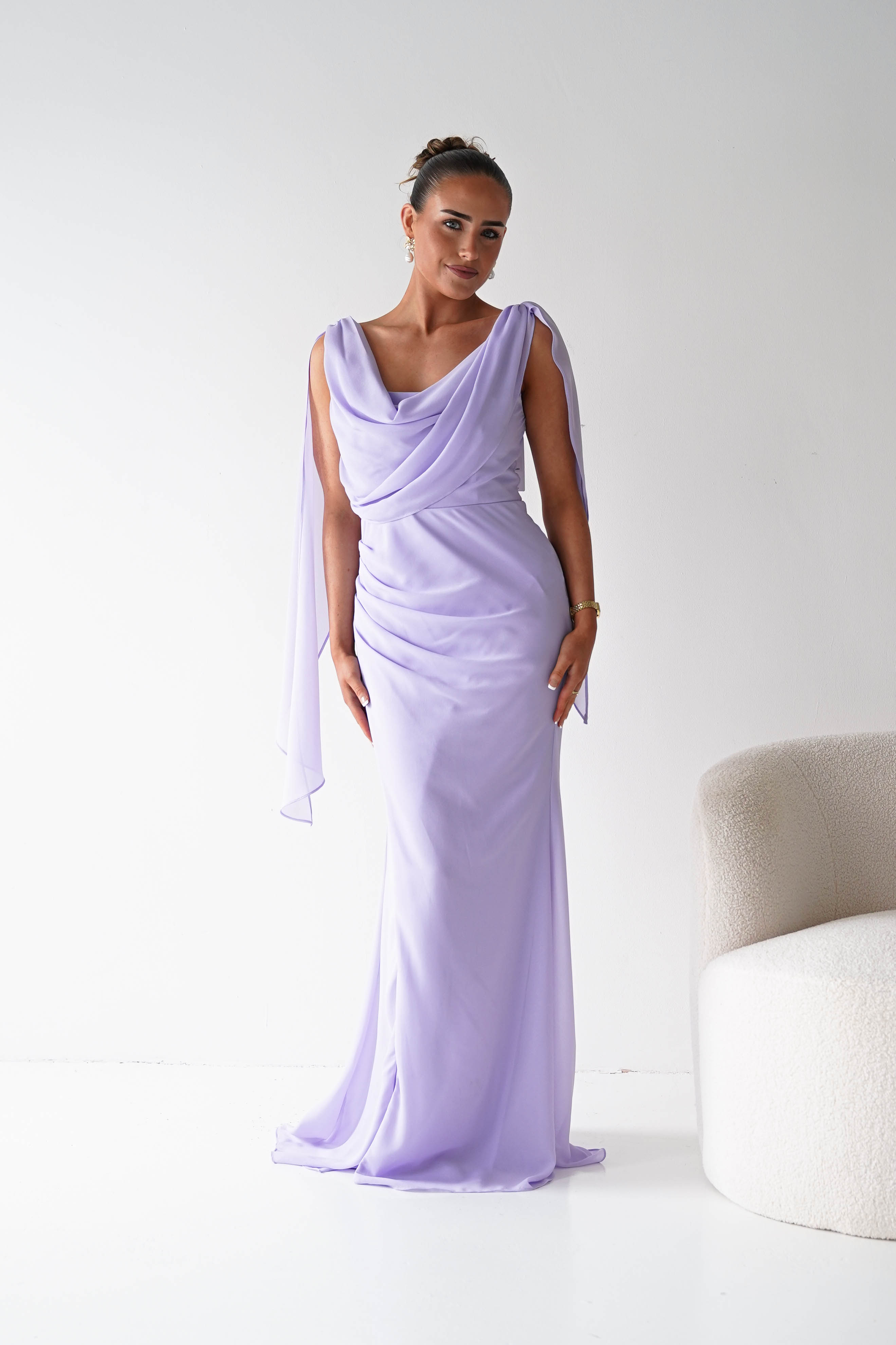 Oh Hello Clothing Women > Clothing > Dresses 1*DONE - MANIJU- MM2964- Lavender Chiffon Draped Maxi Dress