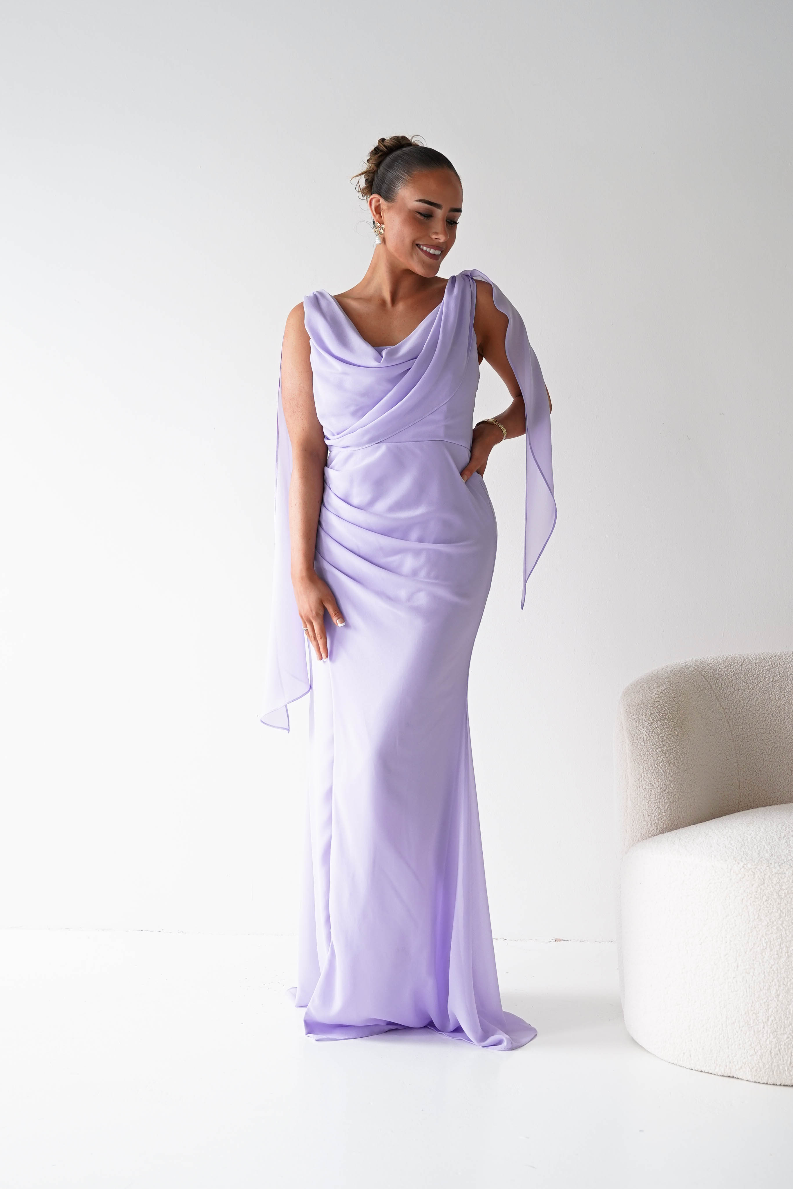 Oh Hello Clothing Women > Clothing > Dresses 1*DONE - MANIJU- MM2964- Lavender Chiffon Draped Maxi Dress