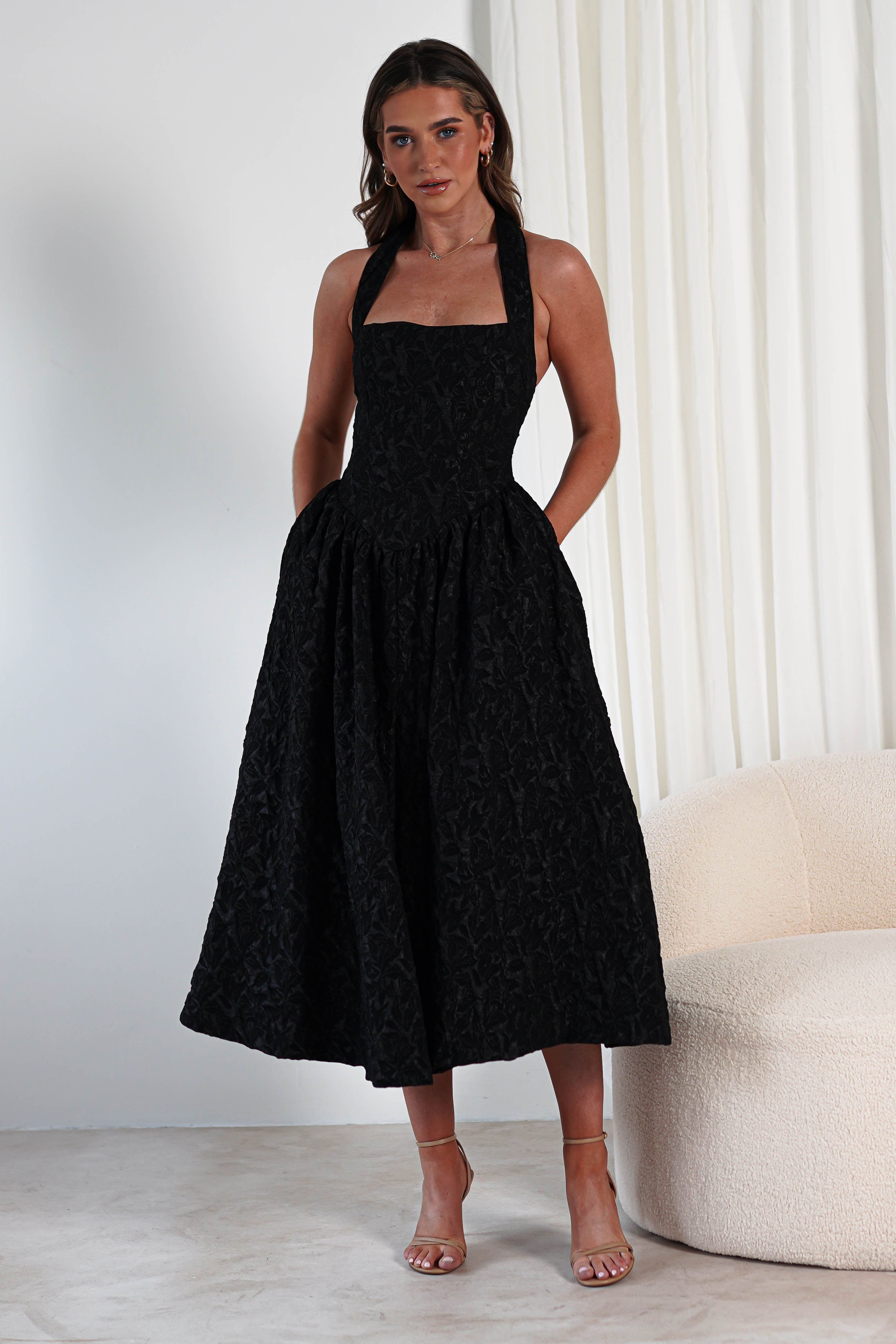 Margot Textured Midaxi Dress Black | Wedding Guest Dress | Oh Hello Clothing