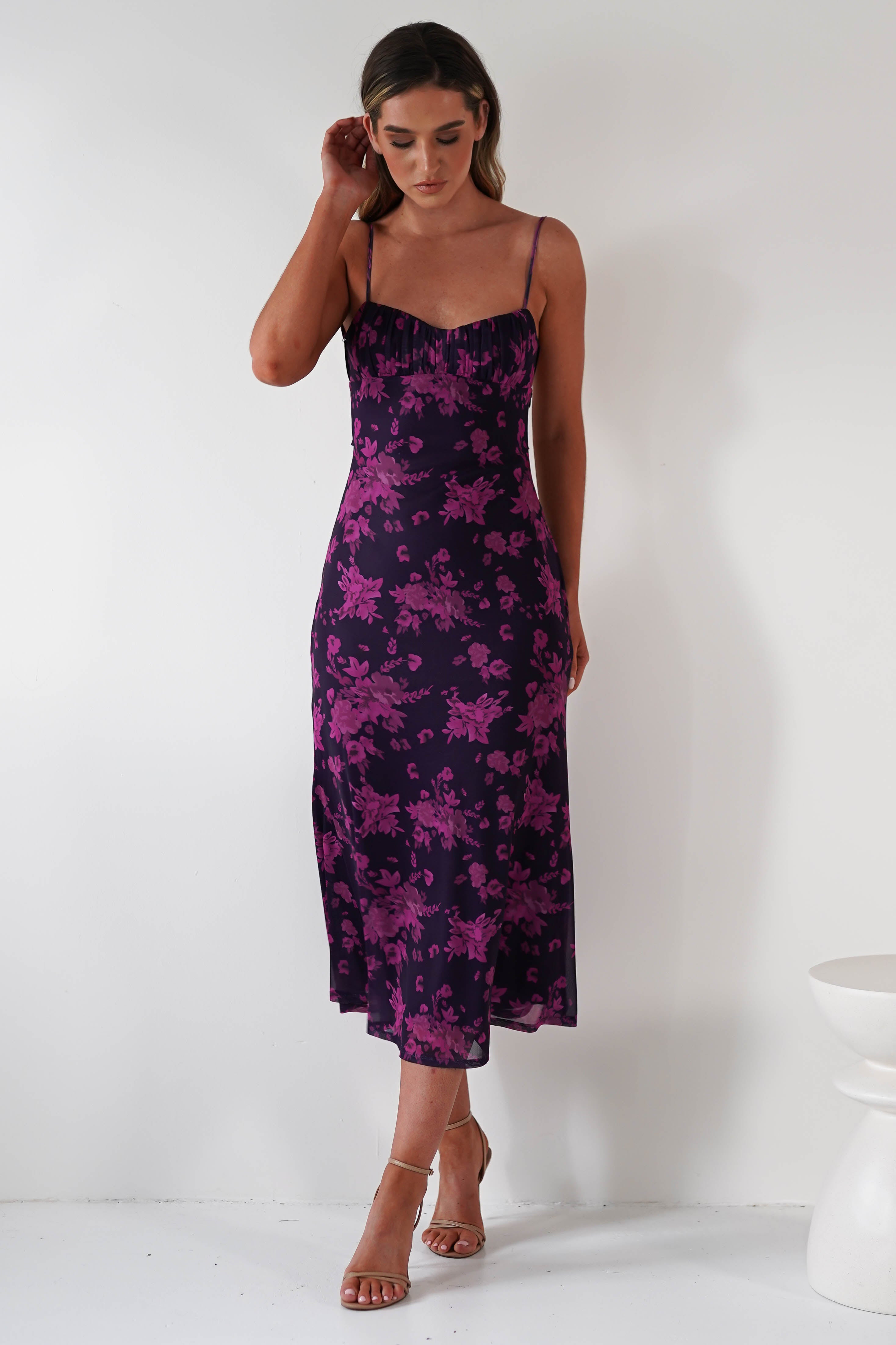Merlo Low Back Midaxi Dress Grape Print | Wedding Guest Dress | Oh Hello Clothing