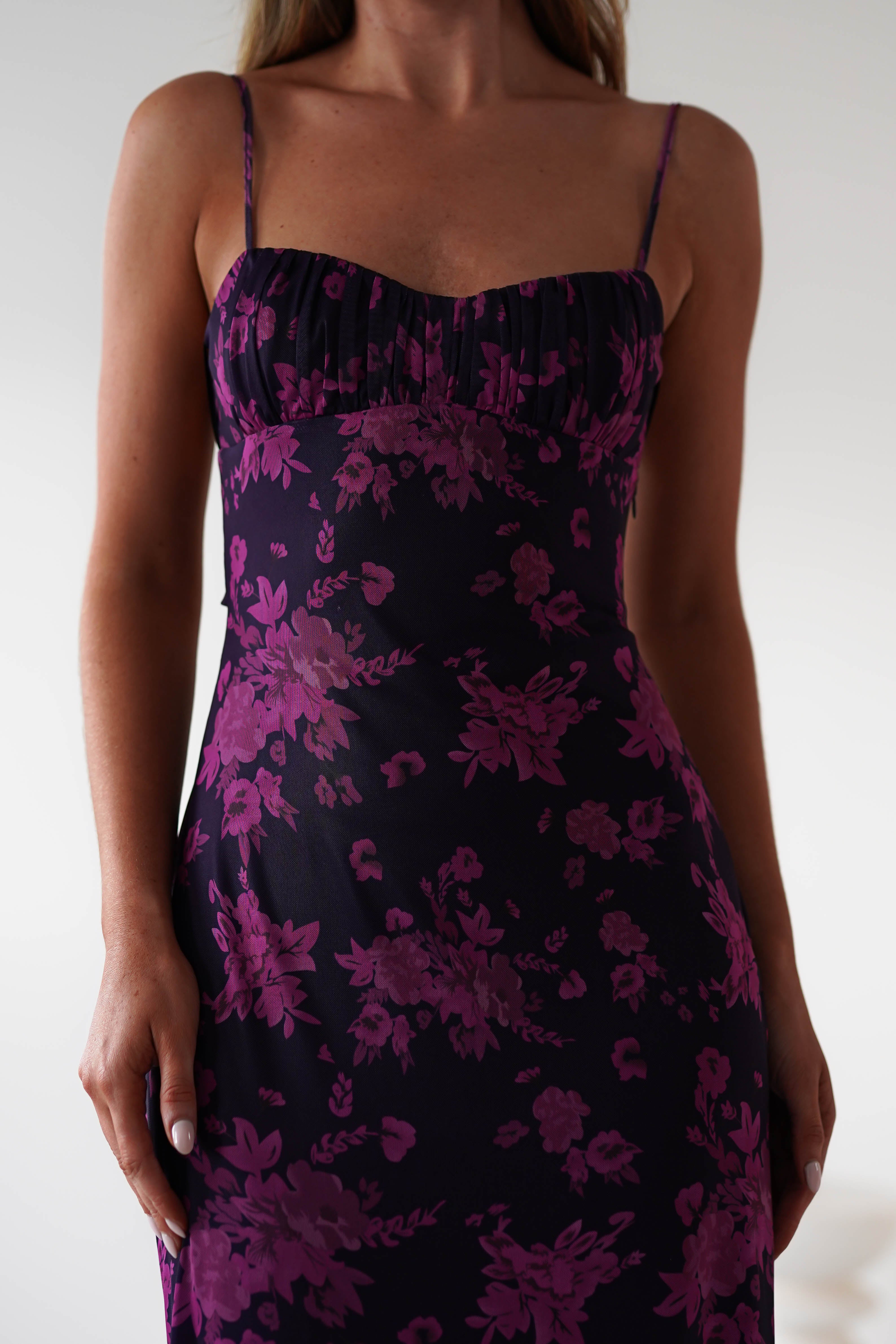 Merlo Low Back Midaxi Dress Grape Print | Wedding Guest Dress | Oh Hello Clothing
