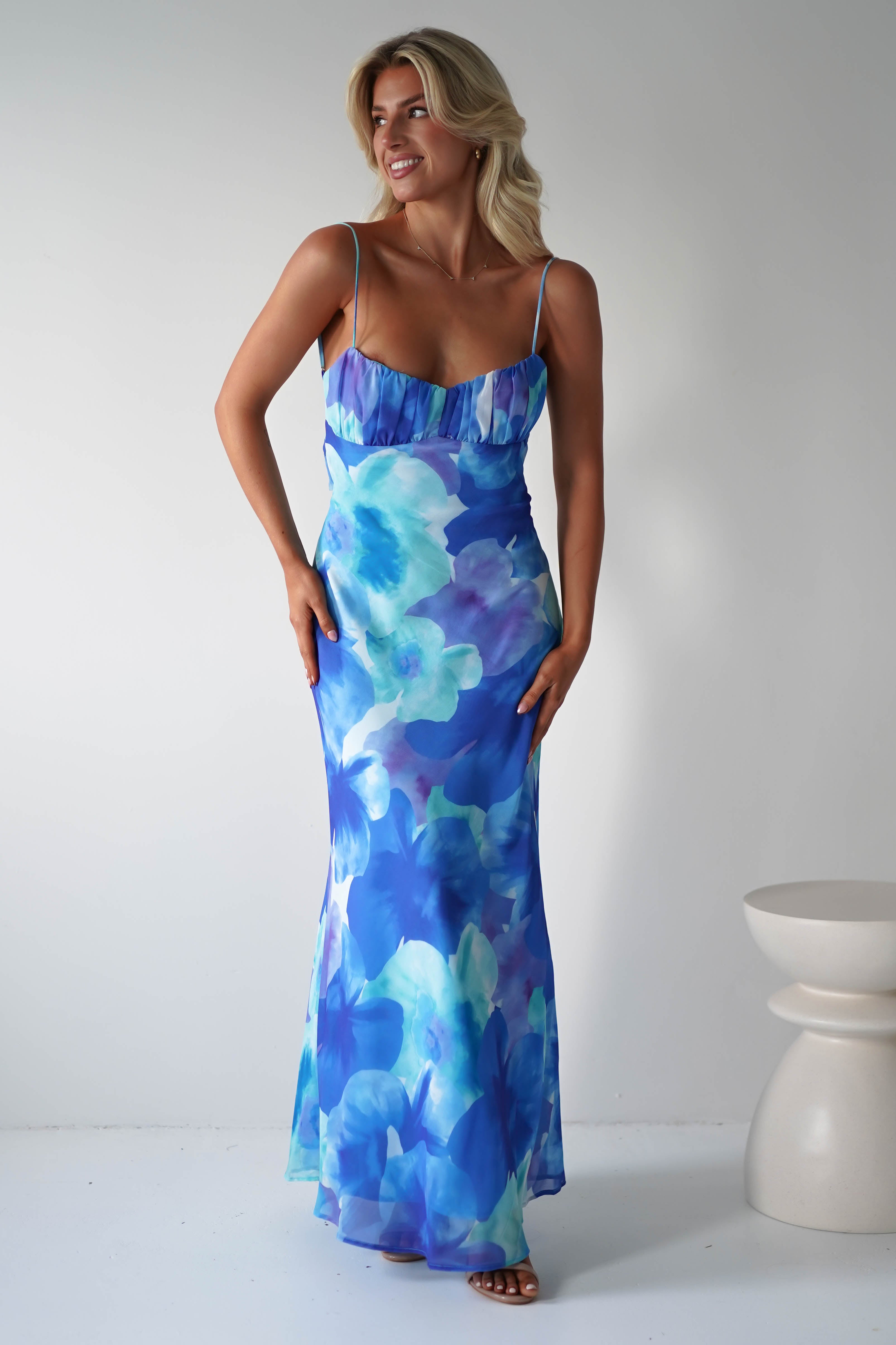 Ariel Chiffon Printed Maxi Dress Blue | Wedding Guest Dress | Maxi | Chiffon | Oh Hello Clothing