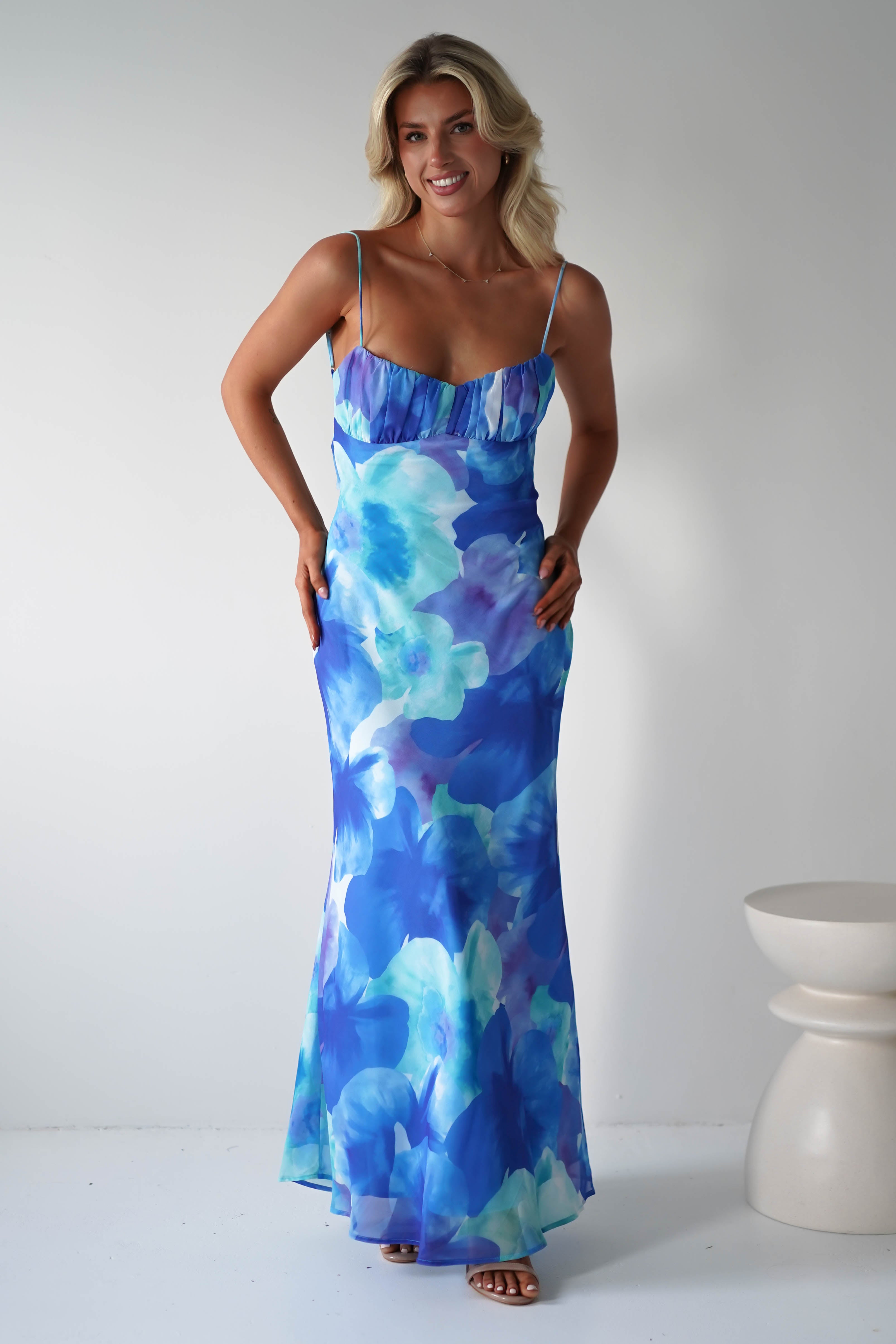 Ariel Chiffon Printed Maxi Dress Blue | Wedding Guest Dress | Maxi | Chiffon | Oh Hello Clothing