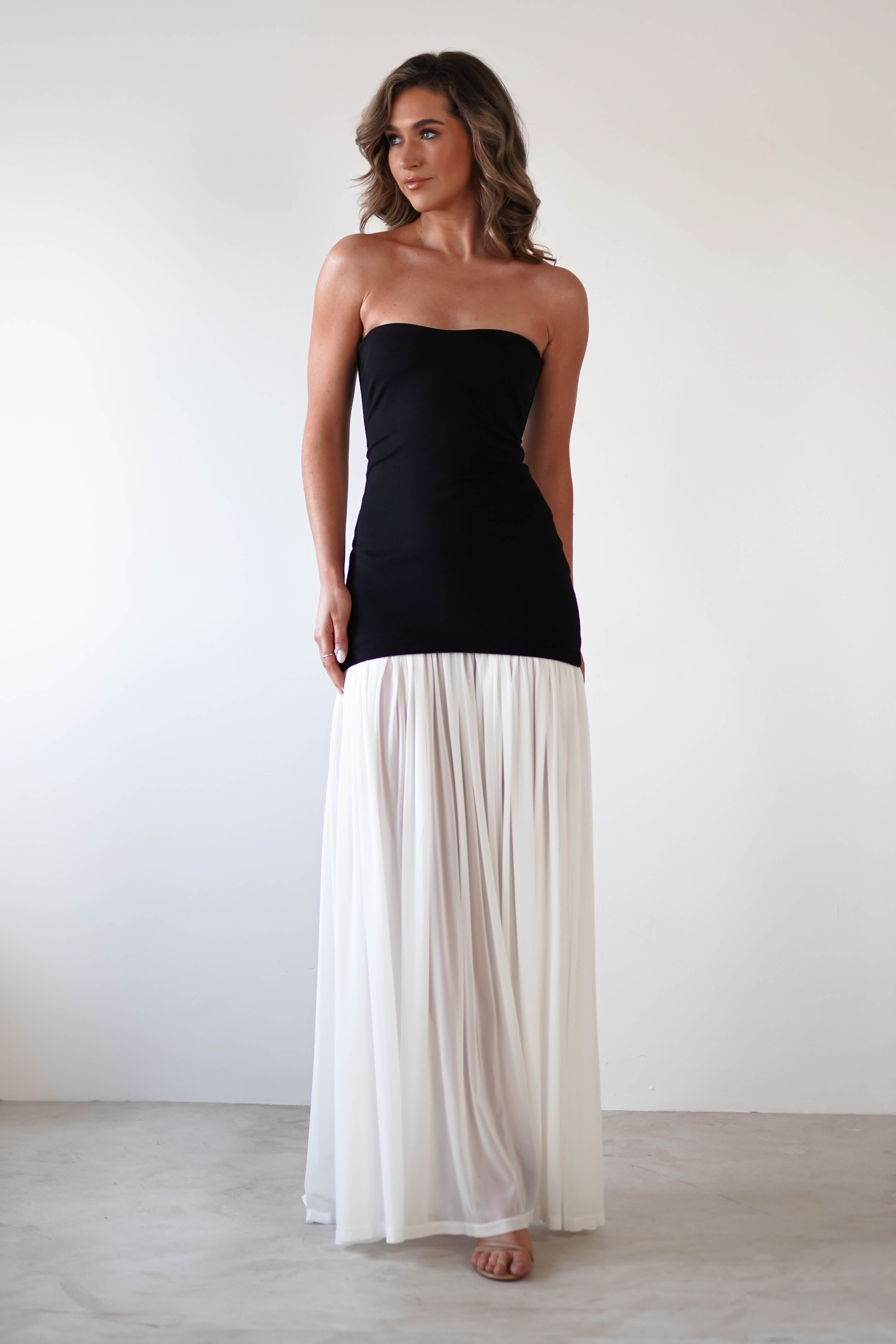 Mel Strapless Chiffon Skirt Maxi Dress Black/White | Wedding Guest Dress | Maxi | Chiffon | Oh Hello Clothing
