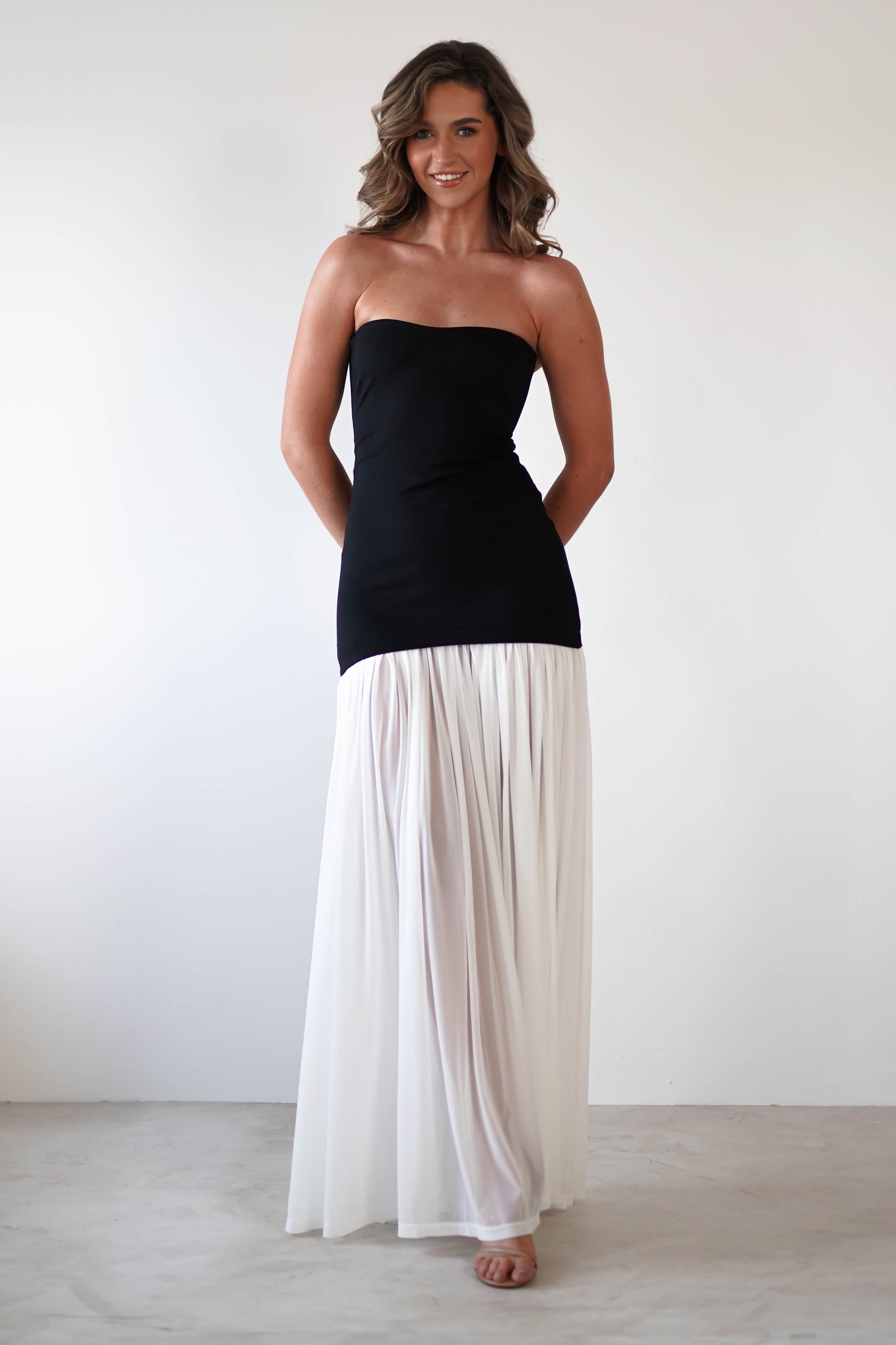 Mel Strapless Chiffon Skirt Maxi Dress Black/White | Wedding Guest Dress | Maxi | Chiffon | Oh Hello Clothing