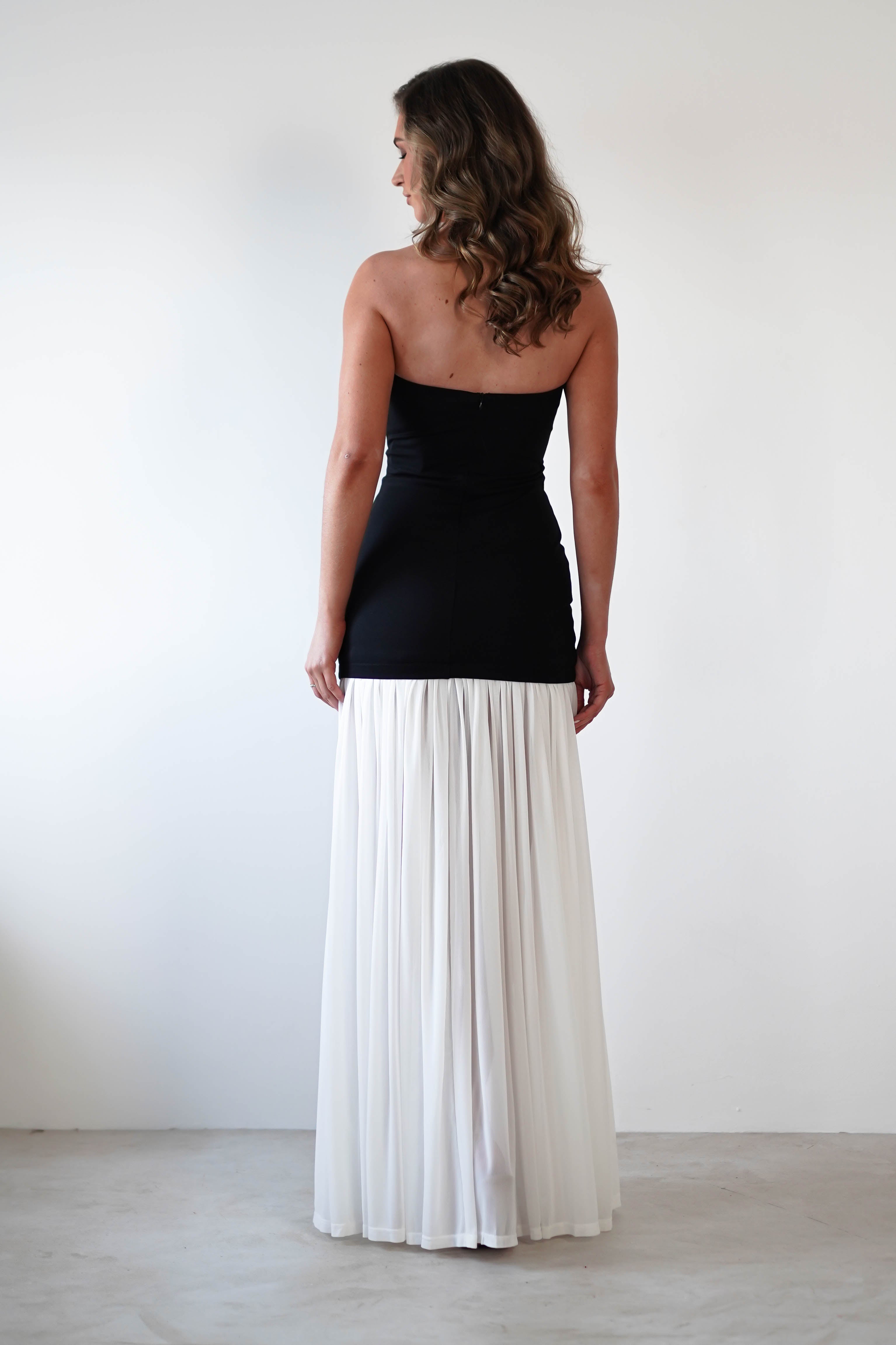 Mel Strapless Chiffon Skirt Maxi Dress Black/White | Wedding Guest Dress | Maxi | Chiffon | Oh Hello Clothing