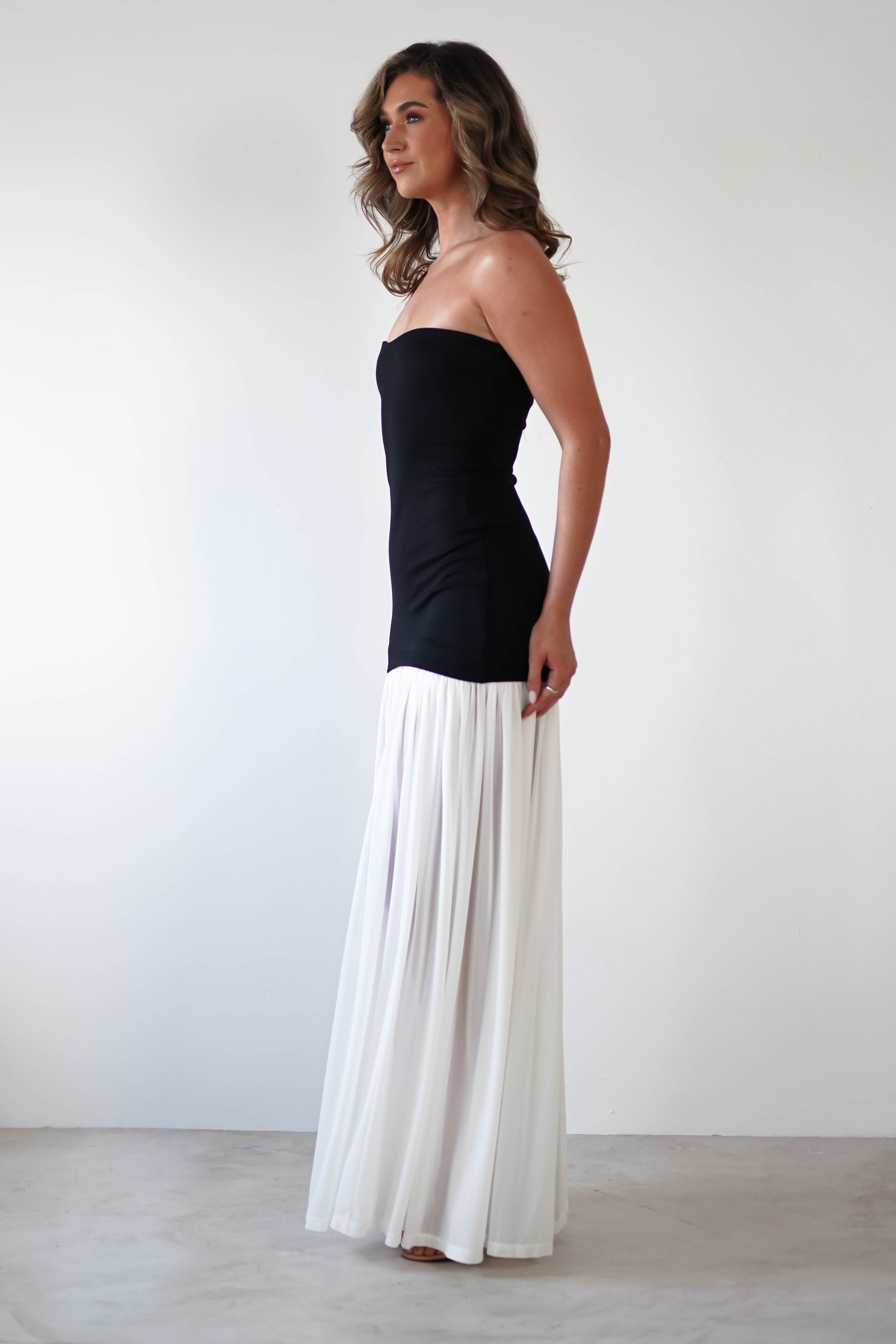 Mel Strapless Chiffon Skirt Maxi Dress Black/White | Wedding Guest Dress | Maxi | Chiffon | Oh Hello Clothing