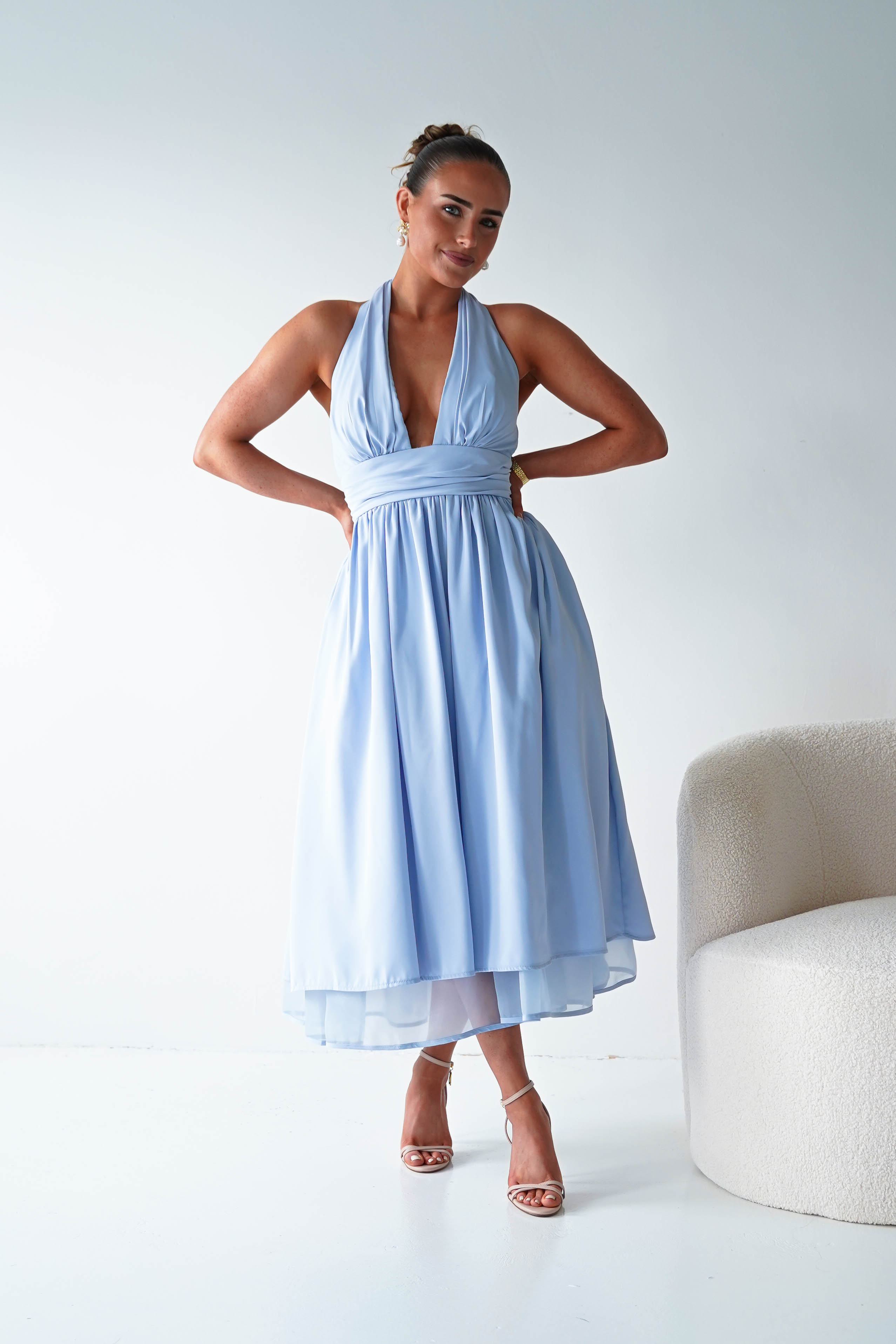 Oh Hello Clothing Women > Clothing > Dresses 1*DONE-MF23143-Blue Halterneck Midi Dress