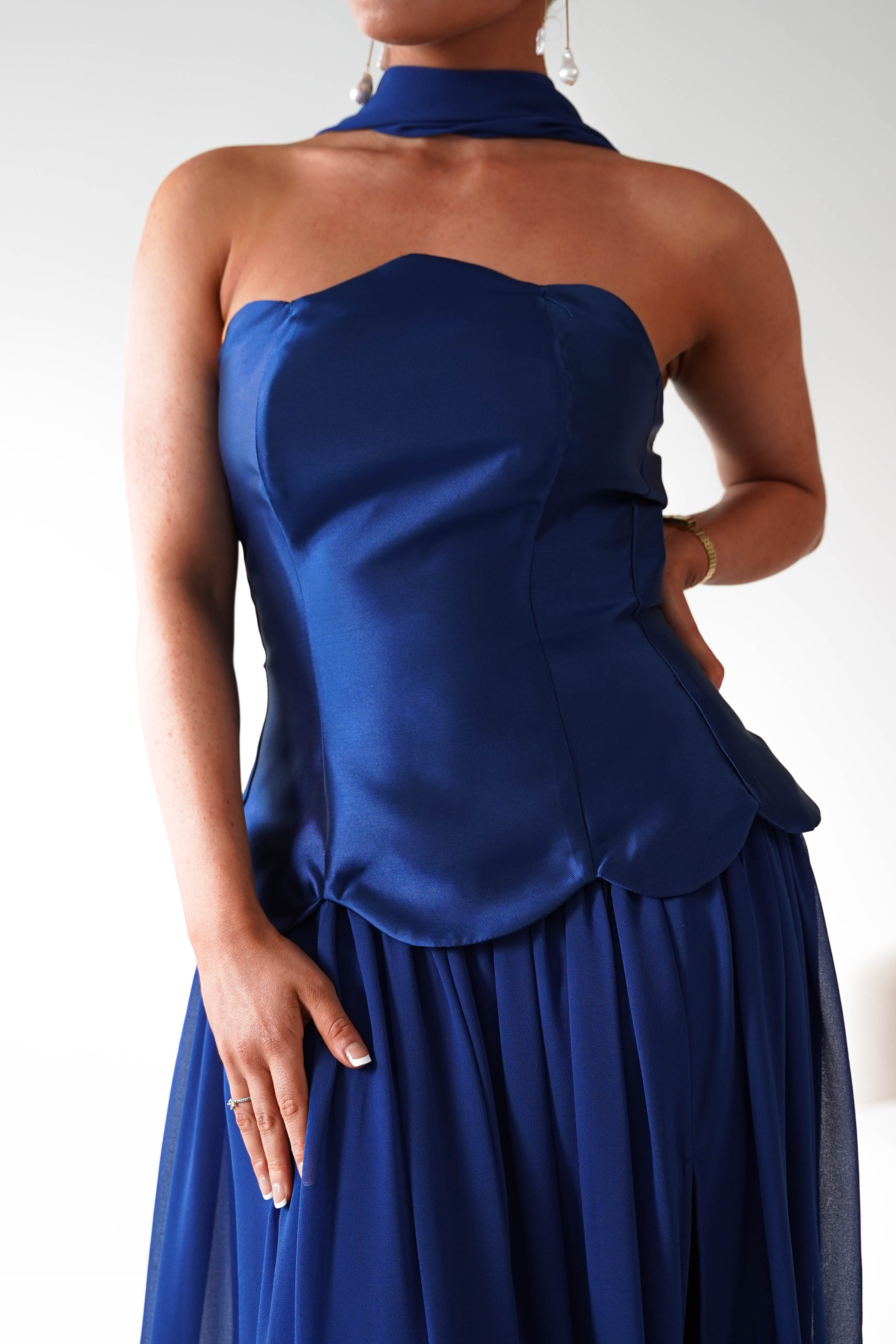 Oh Hello Clothing Women > Clothing > Dresses 1*DONE-MM24572-NAVY Strapless Corset Maxi Dress with Scarf