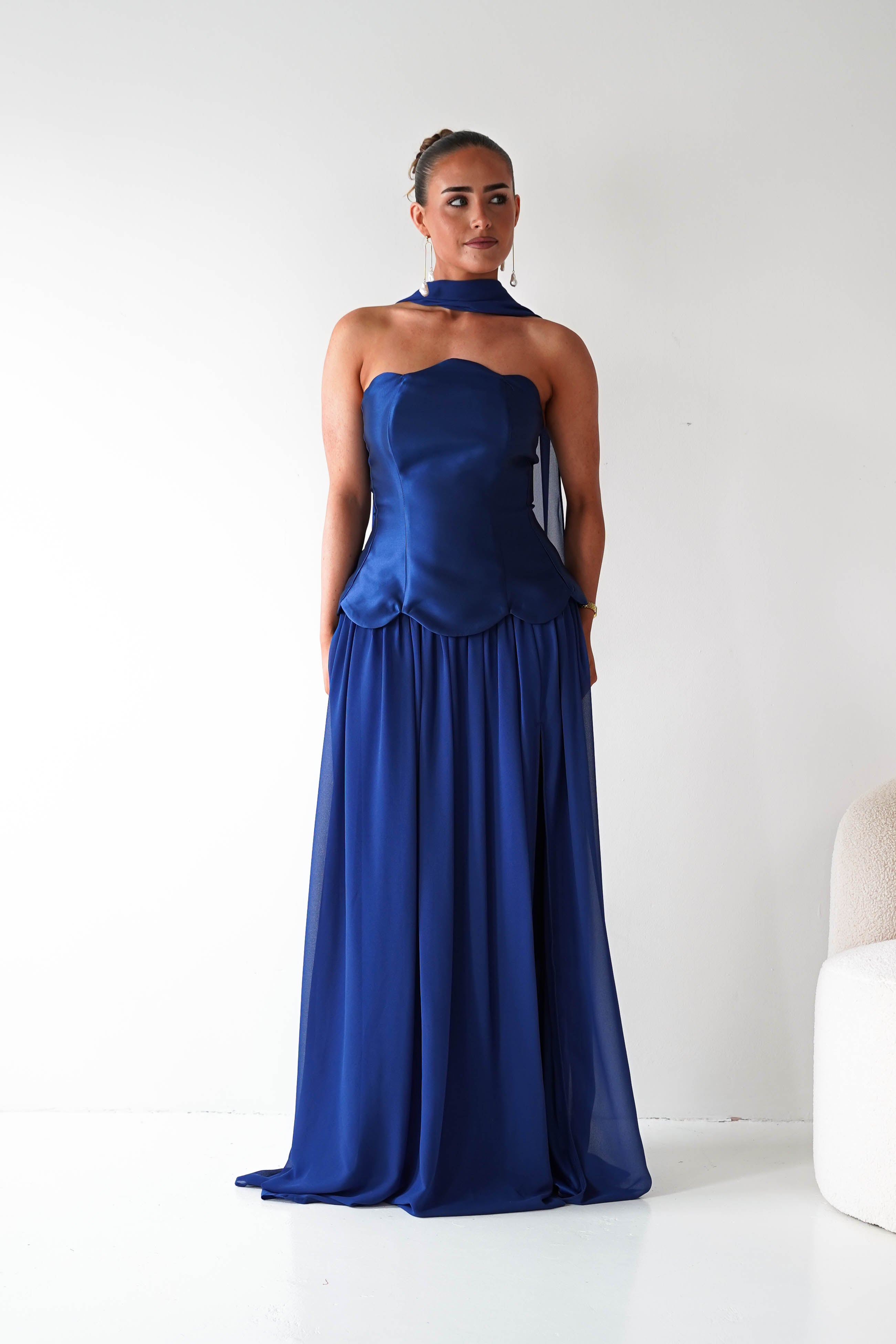 Oh Hello Clothing Women > Clothing > Dresses 1*DONE-MM24572-NAVY Strapless Corset Maxi Dress with Scarf