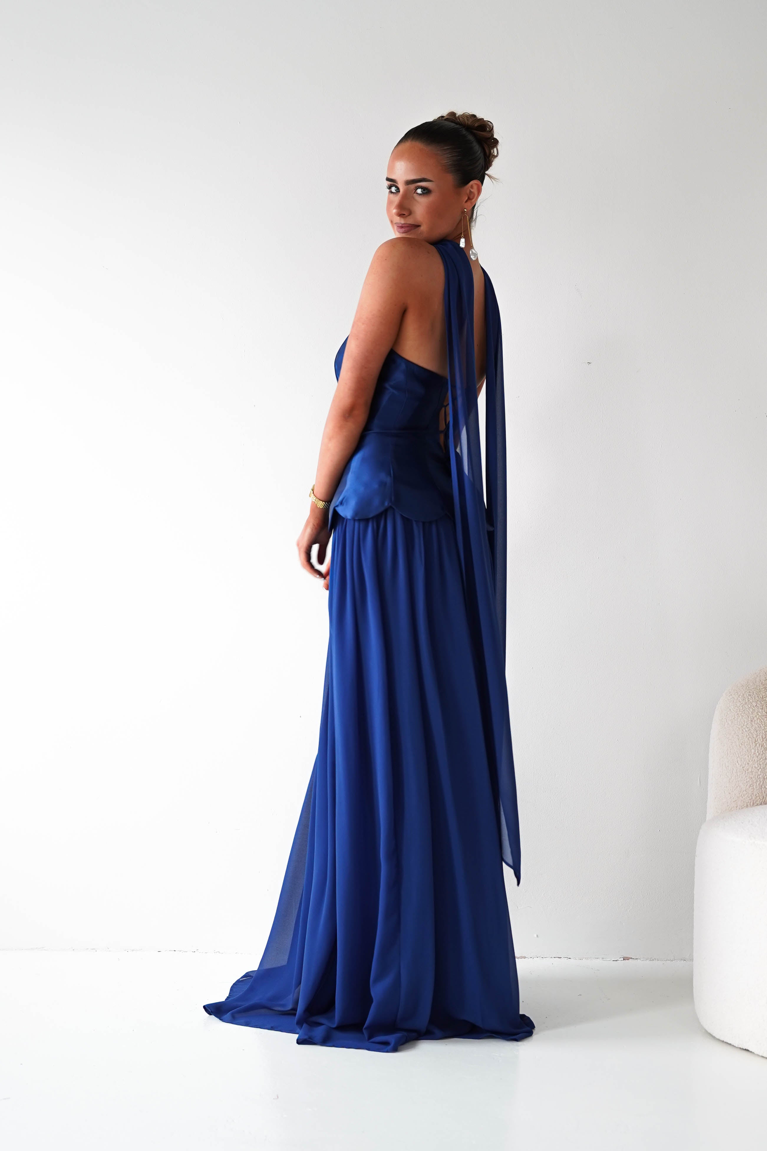 Oh Hello Clothing Women > Clothing > Dresses 1*DONE-MM24572-NAVY Strapless Corset Maxi Dress with Scarf