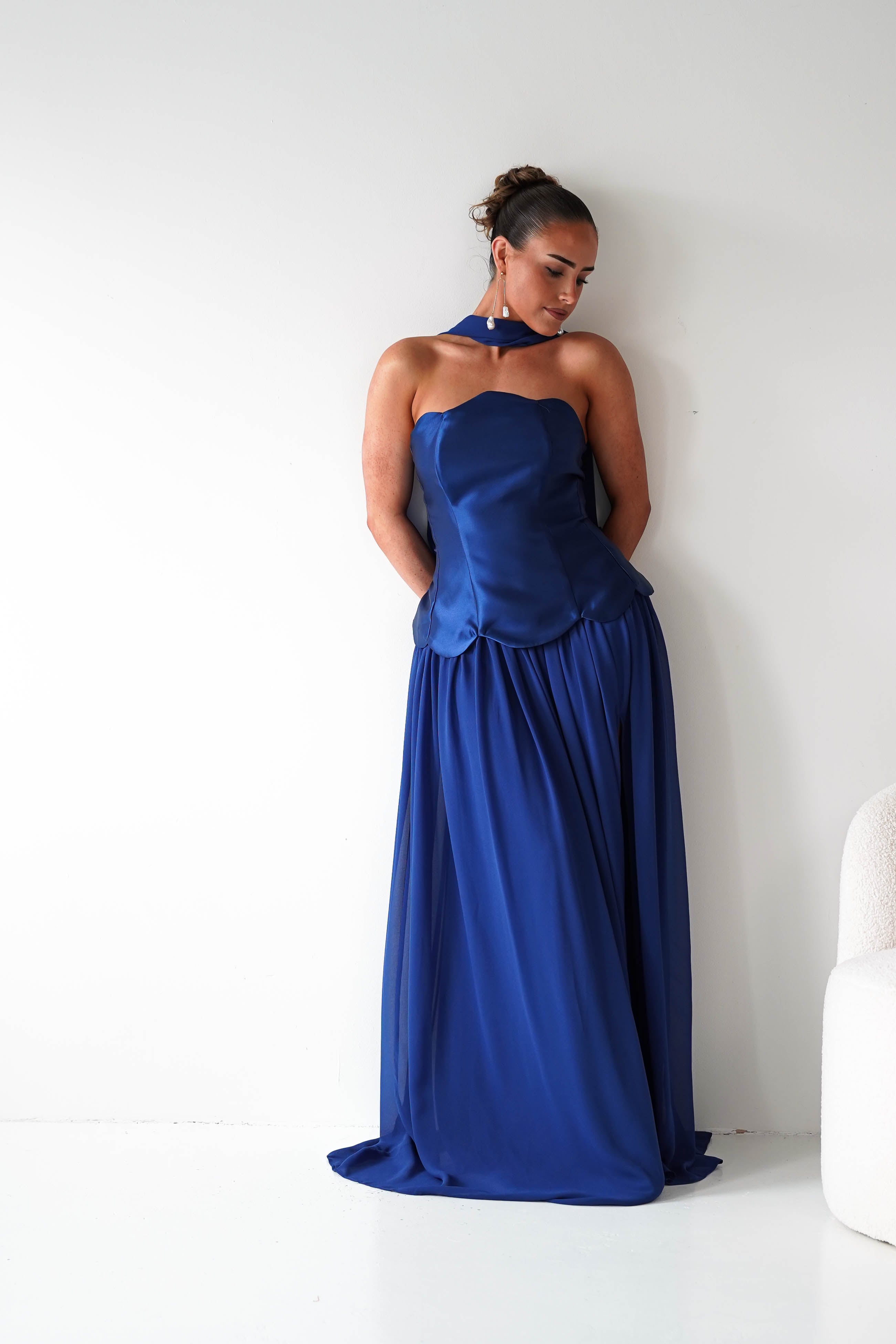 Oh Hello Clothing Women > Clothing > Dresses 1*DONE-MM24572-NAVY Strapless Corset Maxi Dress with Scarf