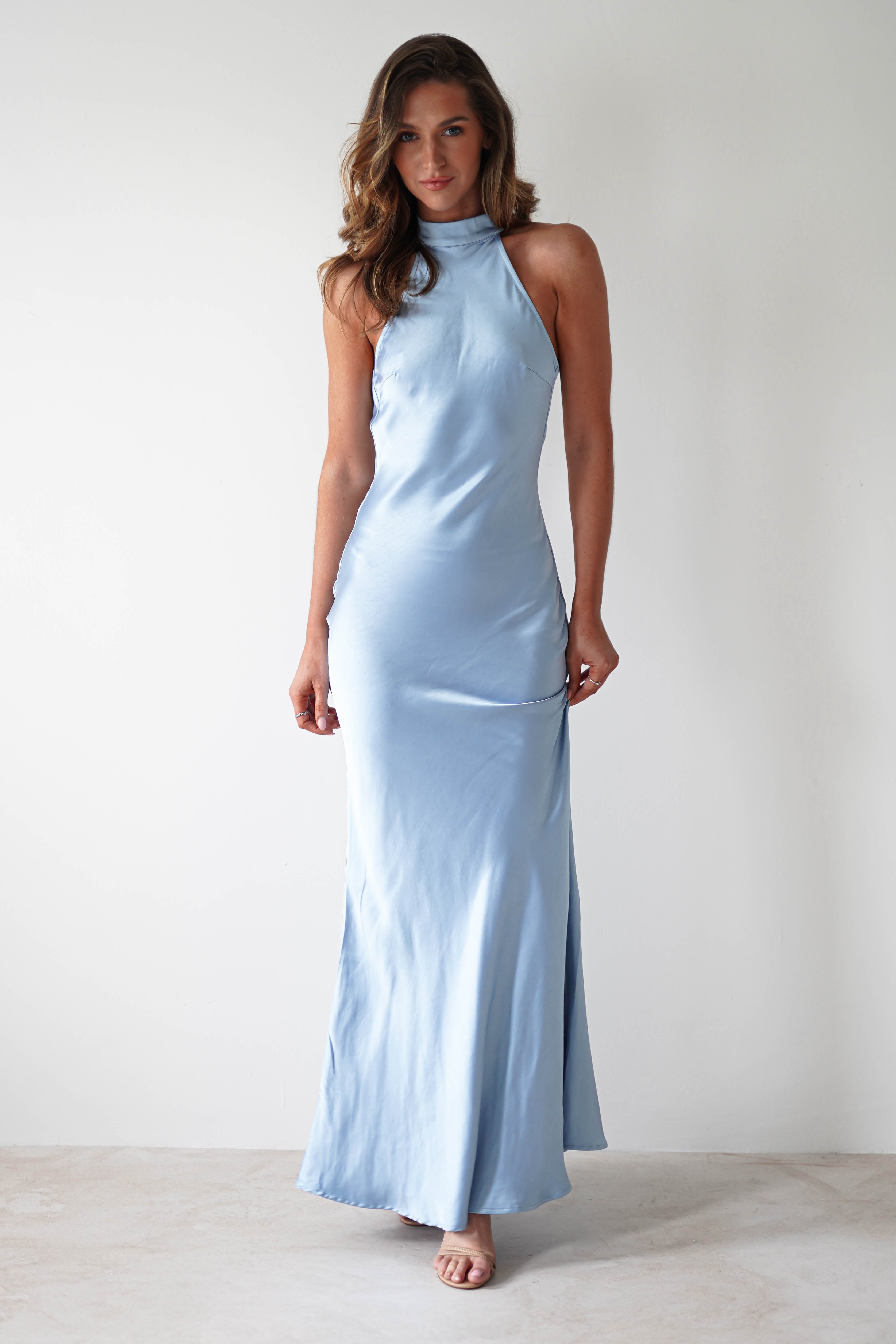 Natalia Soft Satin Maxi Dress Blue | Wedding Guest Dress | Maxi | Satin | Oh Hello Clothing