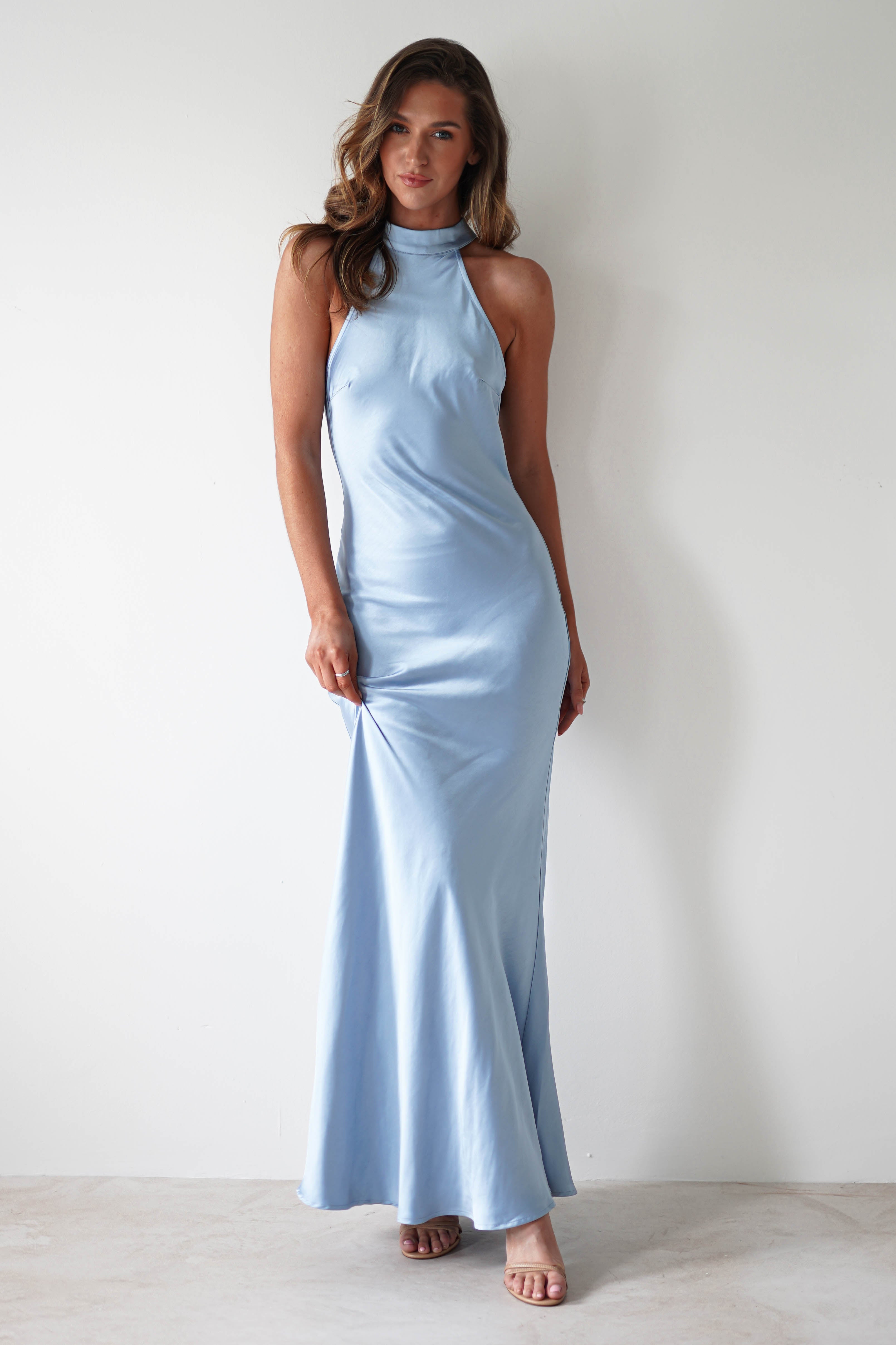 Natalia Soft Satin Maxi Dress Blue | Wedding Guest Dress | Maxi | Satin | Oh Hello Clothing