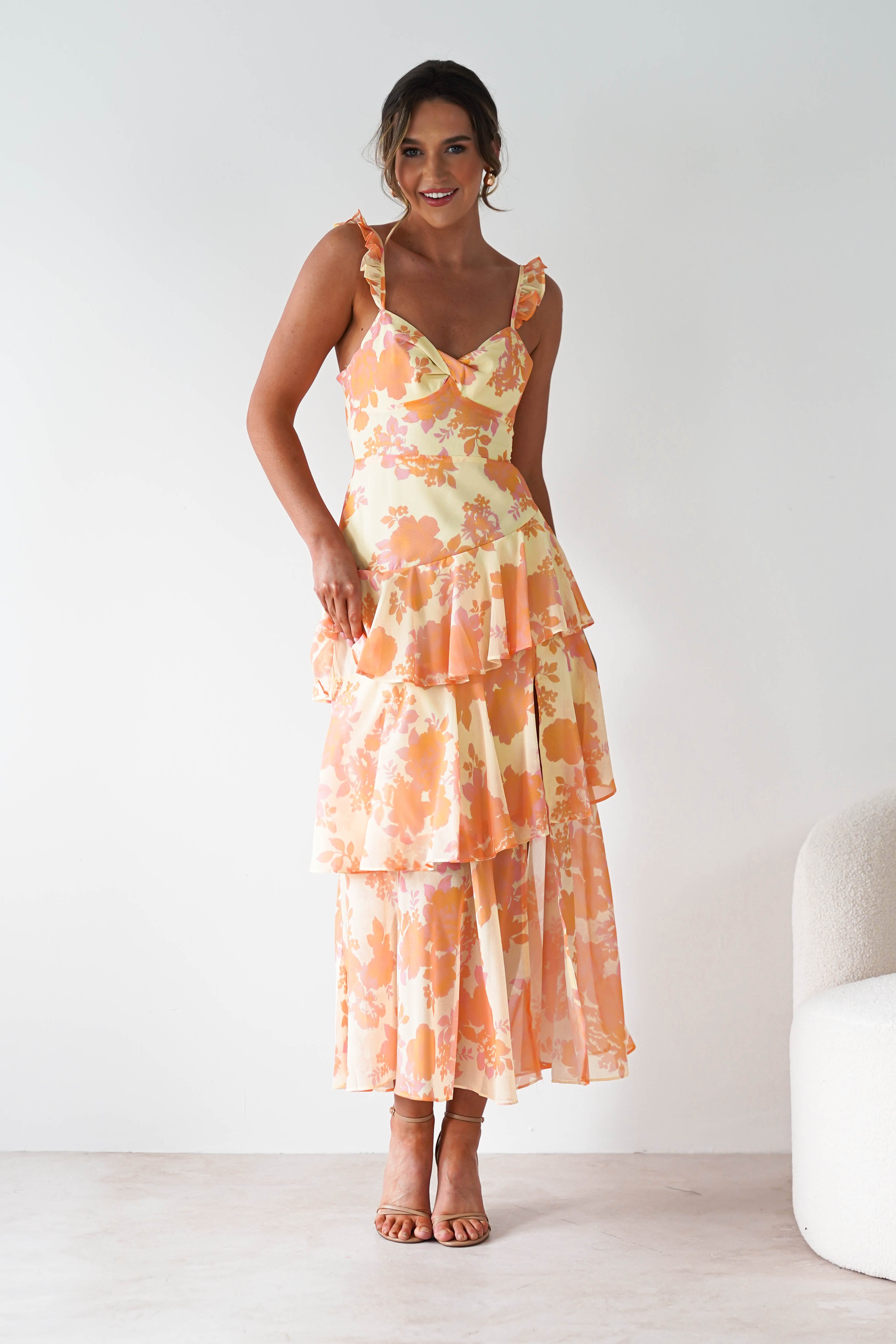 Allie Ruffle Floral Maxi Dress Yellow/Peach | Wedding Guest Dress | Maxi | Oh Hello Clothing
