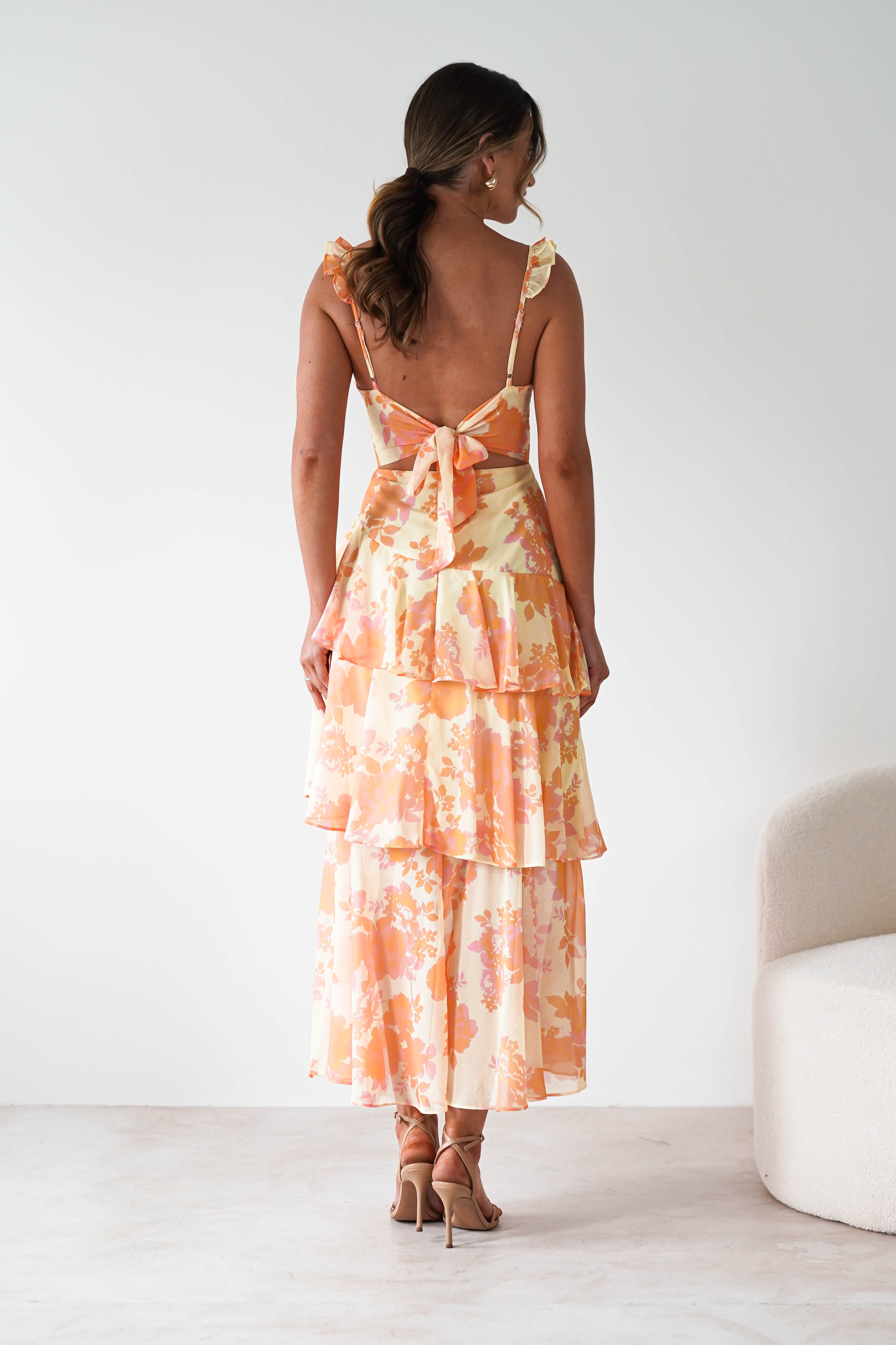 Allie Ruffle Floral Maxi Dress Yellow/Peach | Wedding Guest Dress | Maxi | Oh Hello Clothing