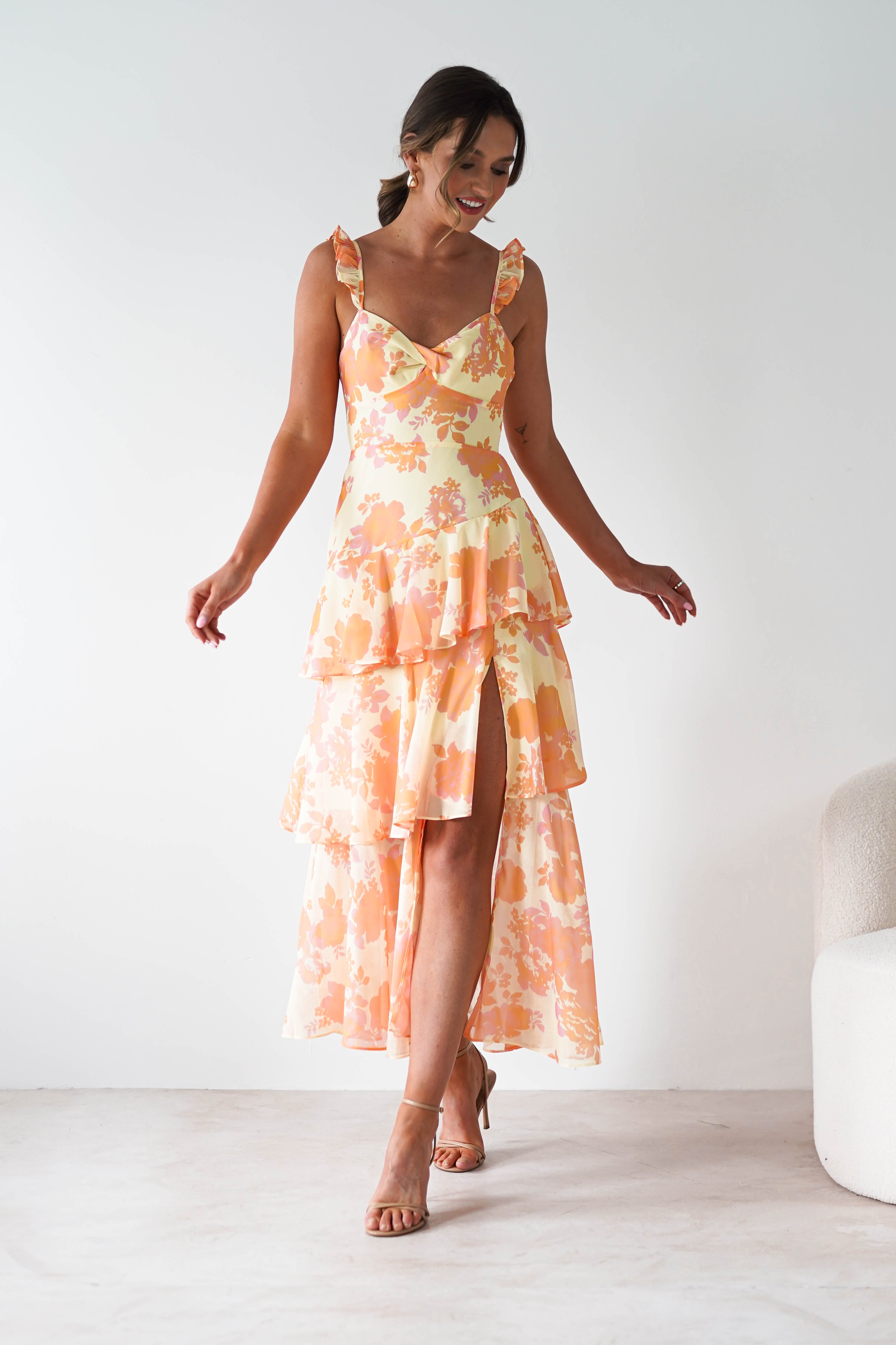Allie Ruffle Floral Maxi Dress Yellow/Peach | Wedding Guest Dress | Maxi | Oh Hello Clothing