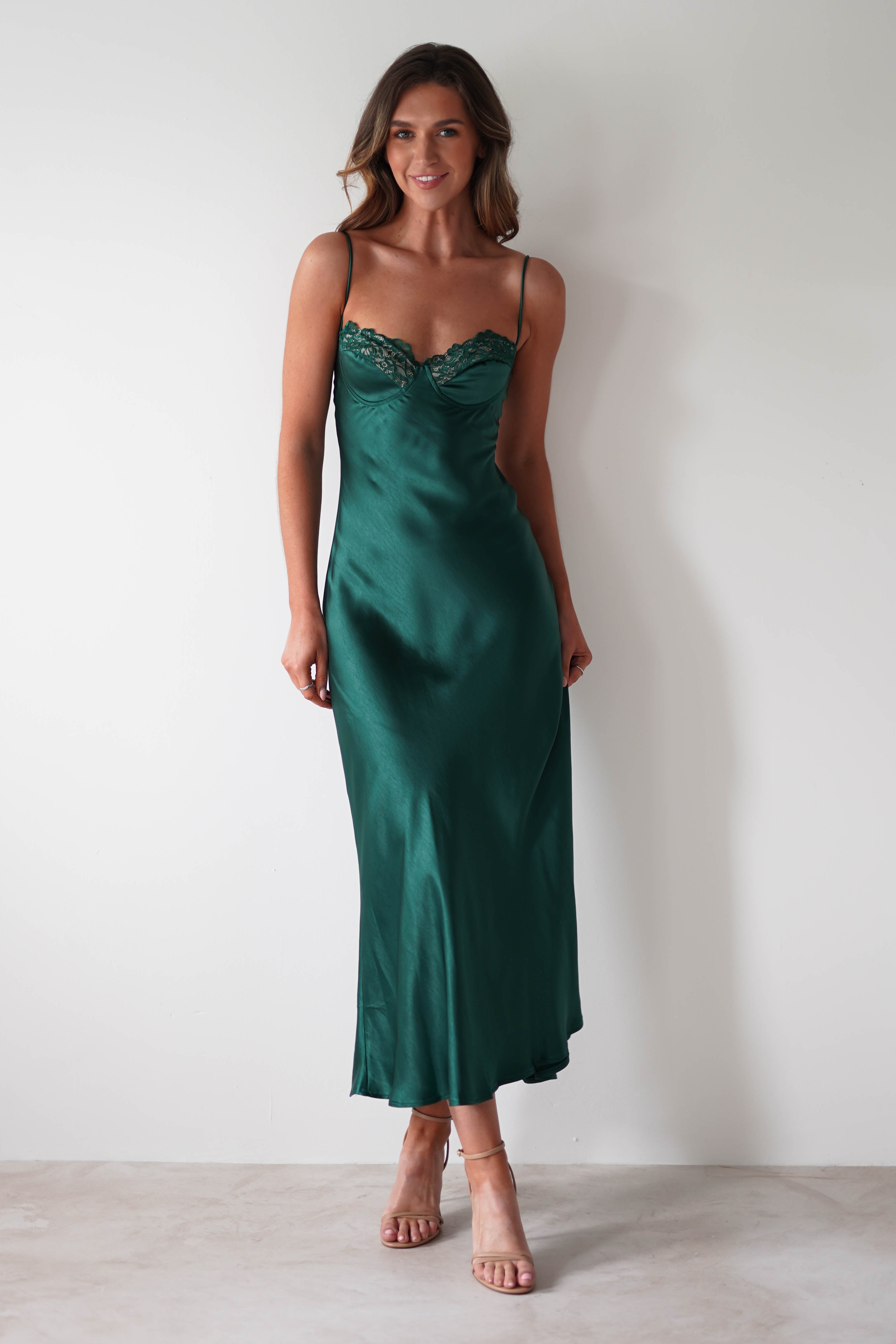 Ricci Soft Satin Maxi Dress | Forest Green | Wedding Guest Dress | Oh Hello Clothing