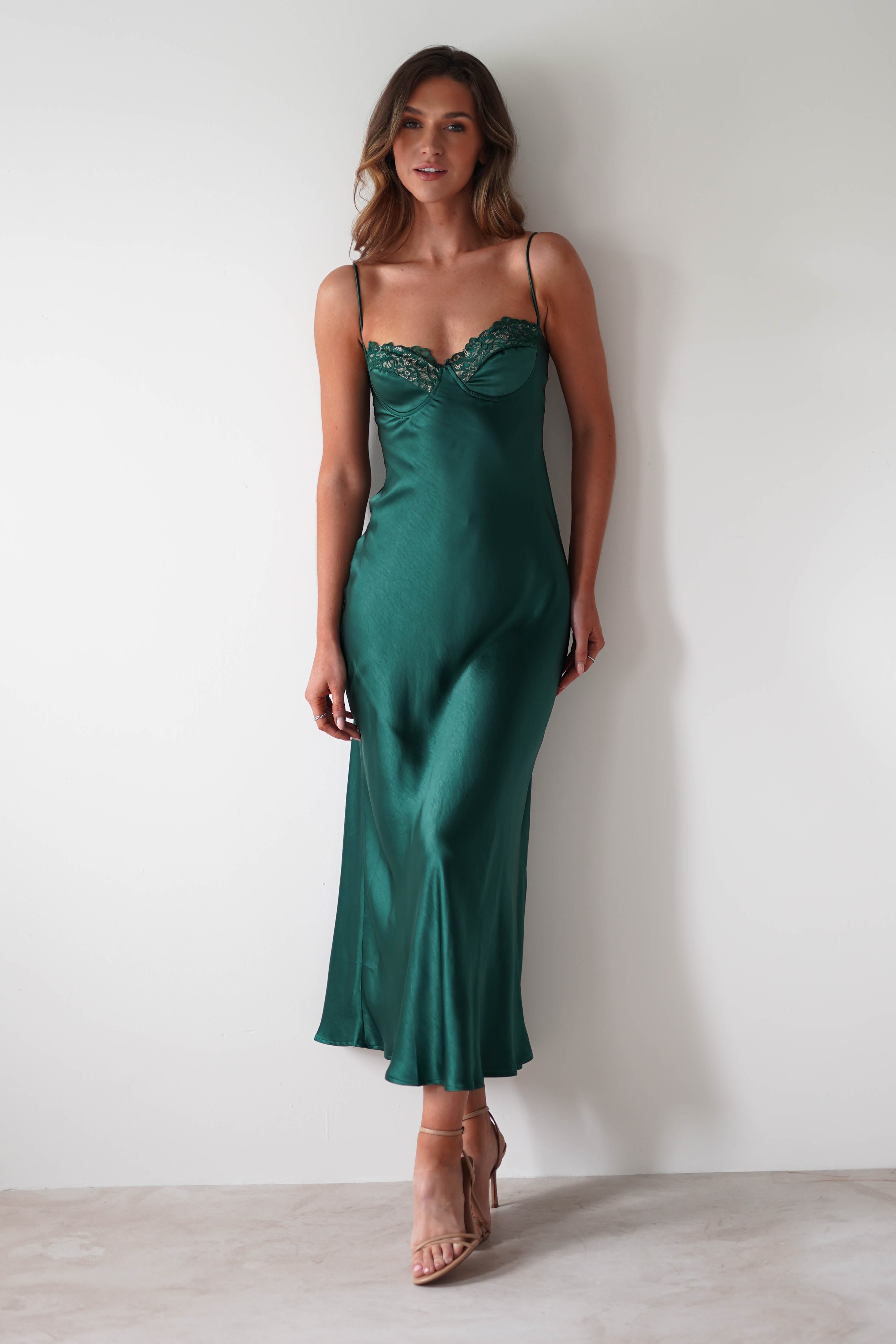 Ricci Soft Satin Maxi Dress | Forest Green | Wedding Guest Dress | Oh Hello Clothing