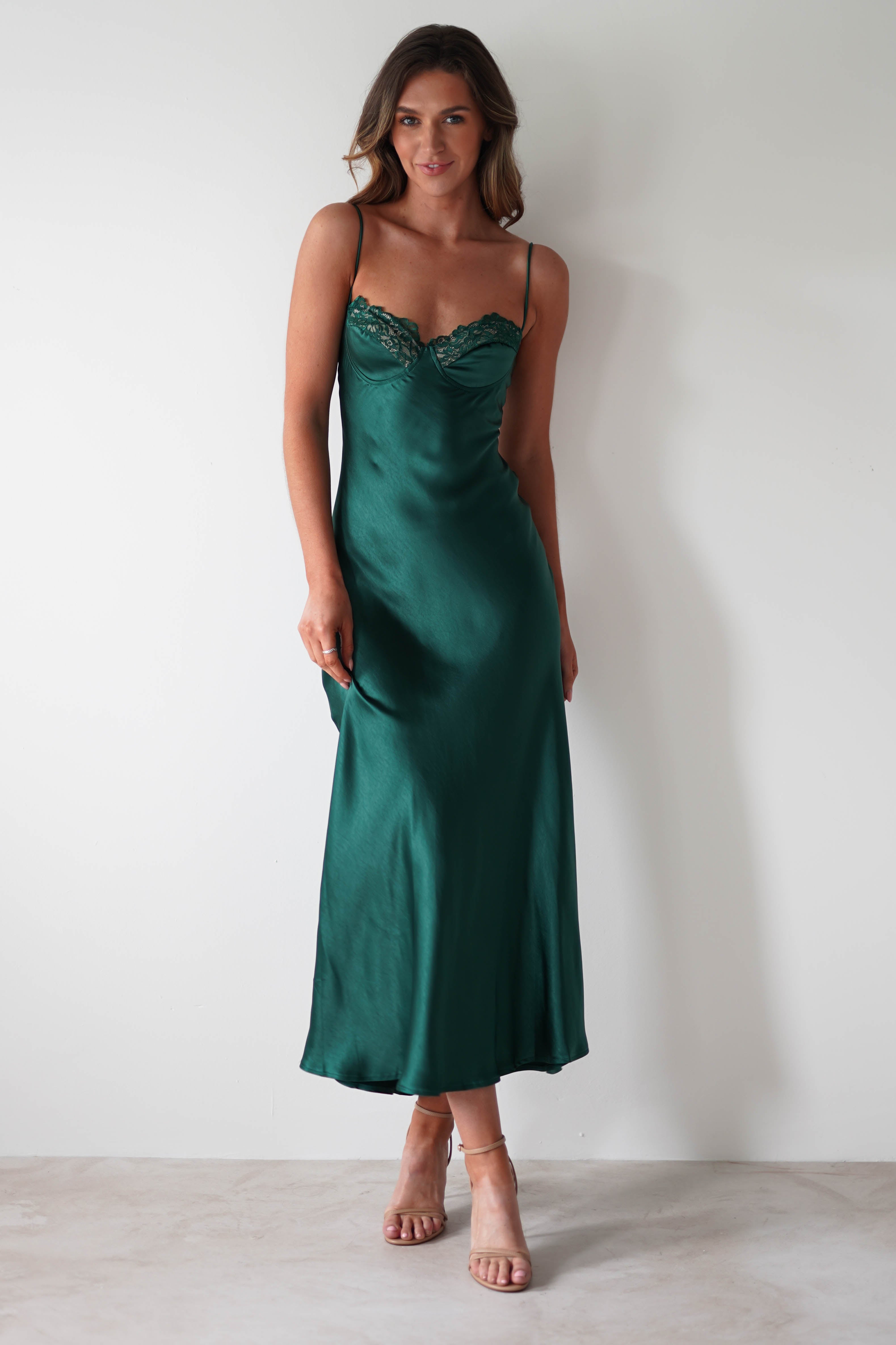 Ricci Soft Satin Maxi Dress | Forest Green | Wedding Guest Dress | Oh Hello Clothing