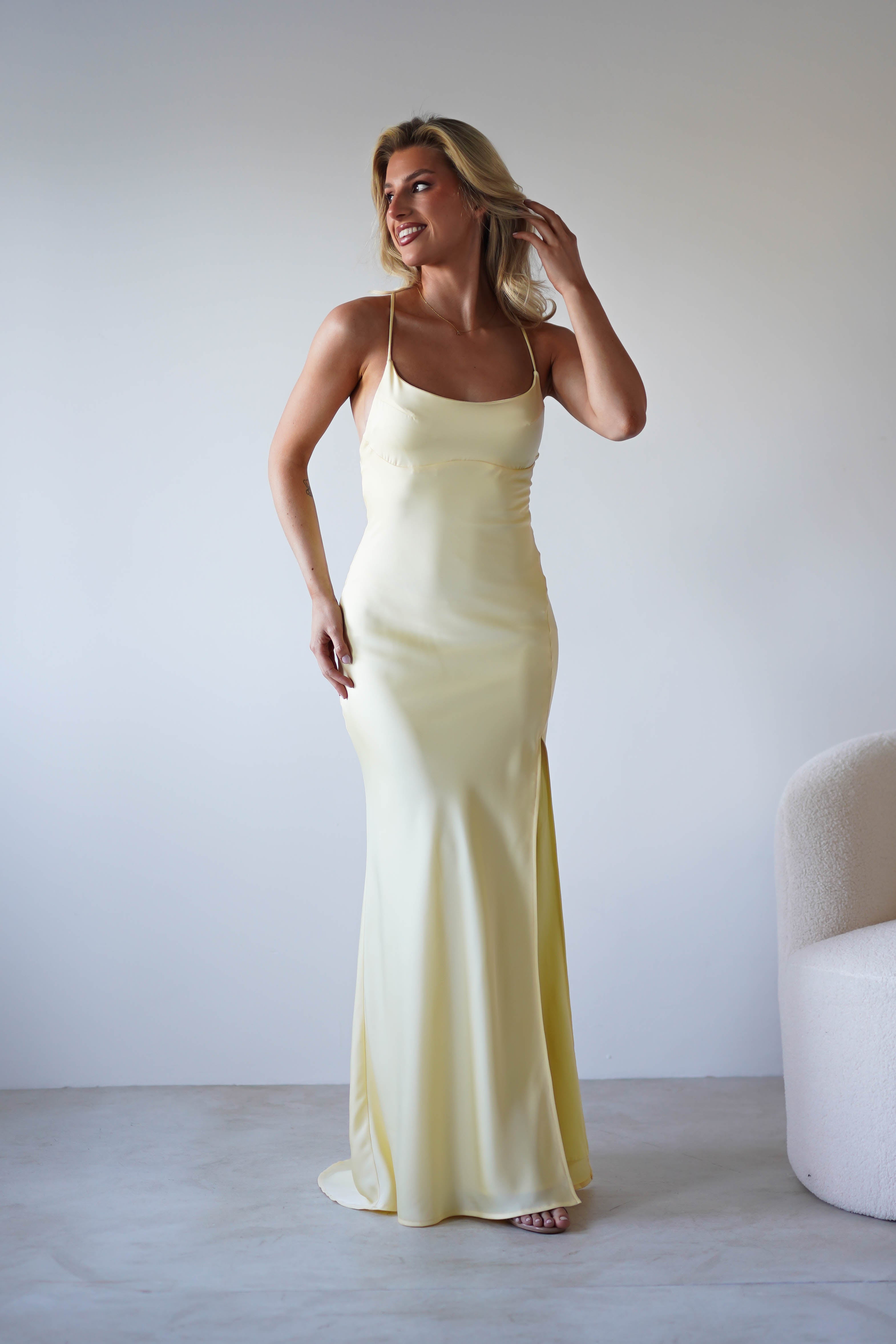 Elsa Matte Satin Maxi Gown | Yellow | Debs & Prom | Formal Gown | Oh Hello Clothing