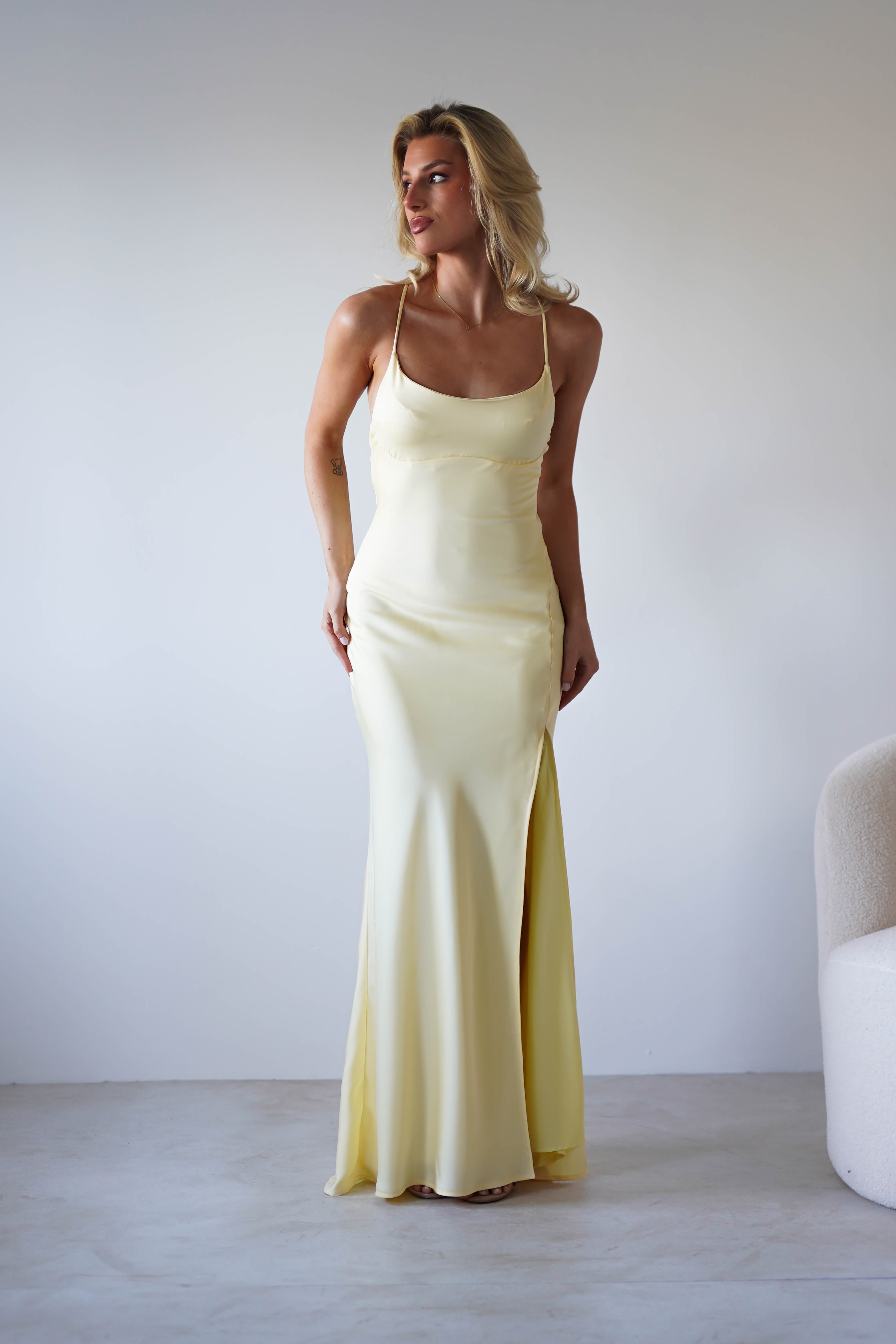 Elsa Matte Satin Maxi Gown | Yellow | Debs & Prom | Formal Gown | Oh Hello Clothing