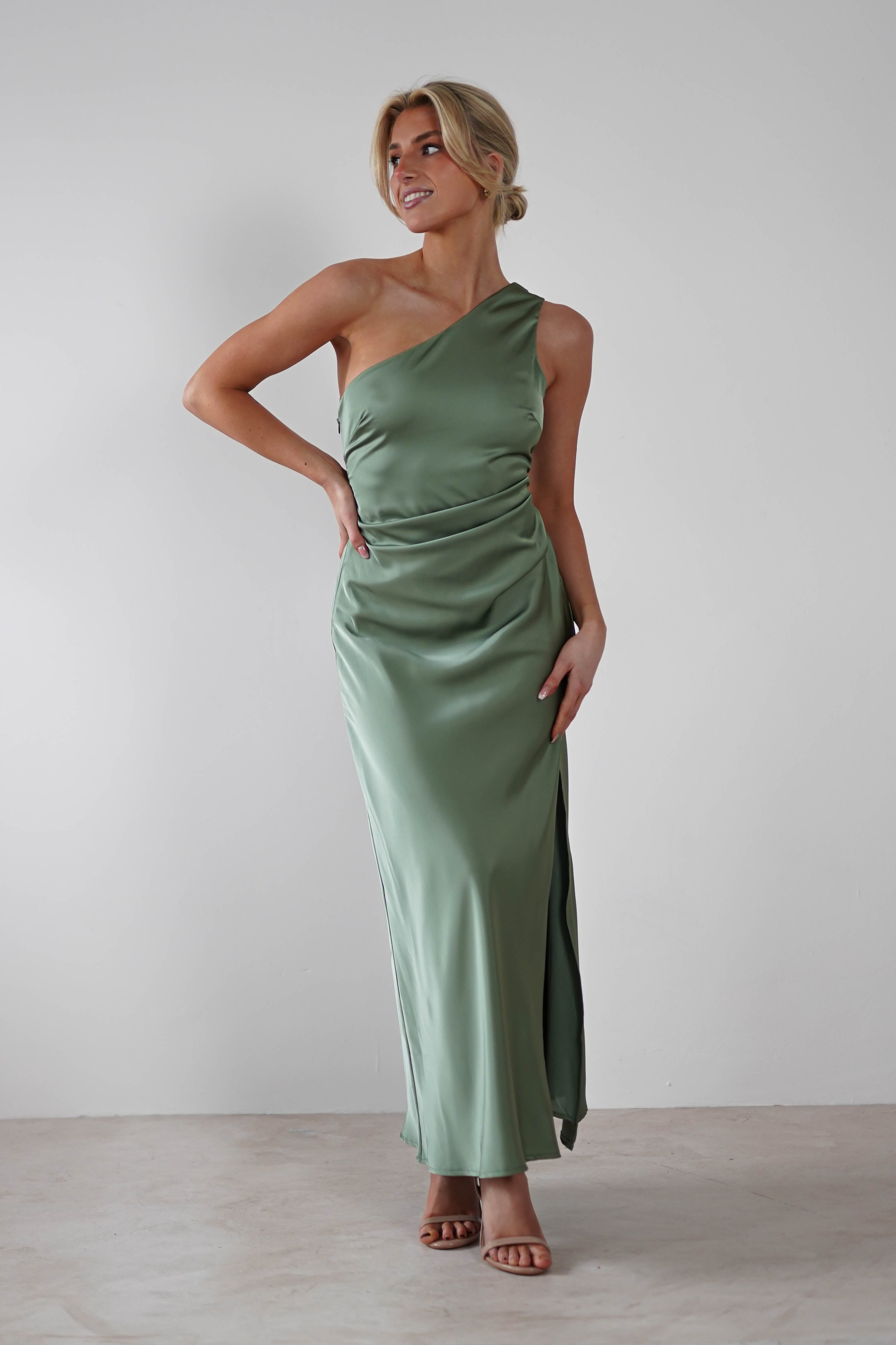 Meera Soft Matte Satin Midaxi Dress Olive | Wedding Guest Dress | Satin | Oh Hello Clothing