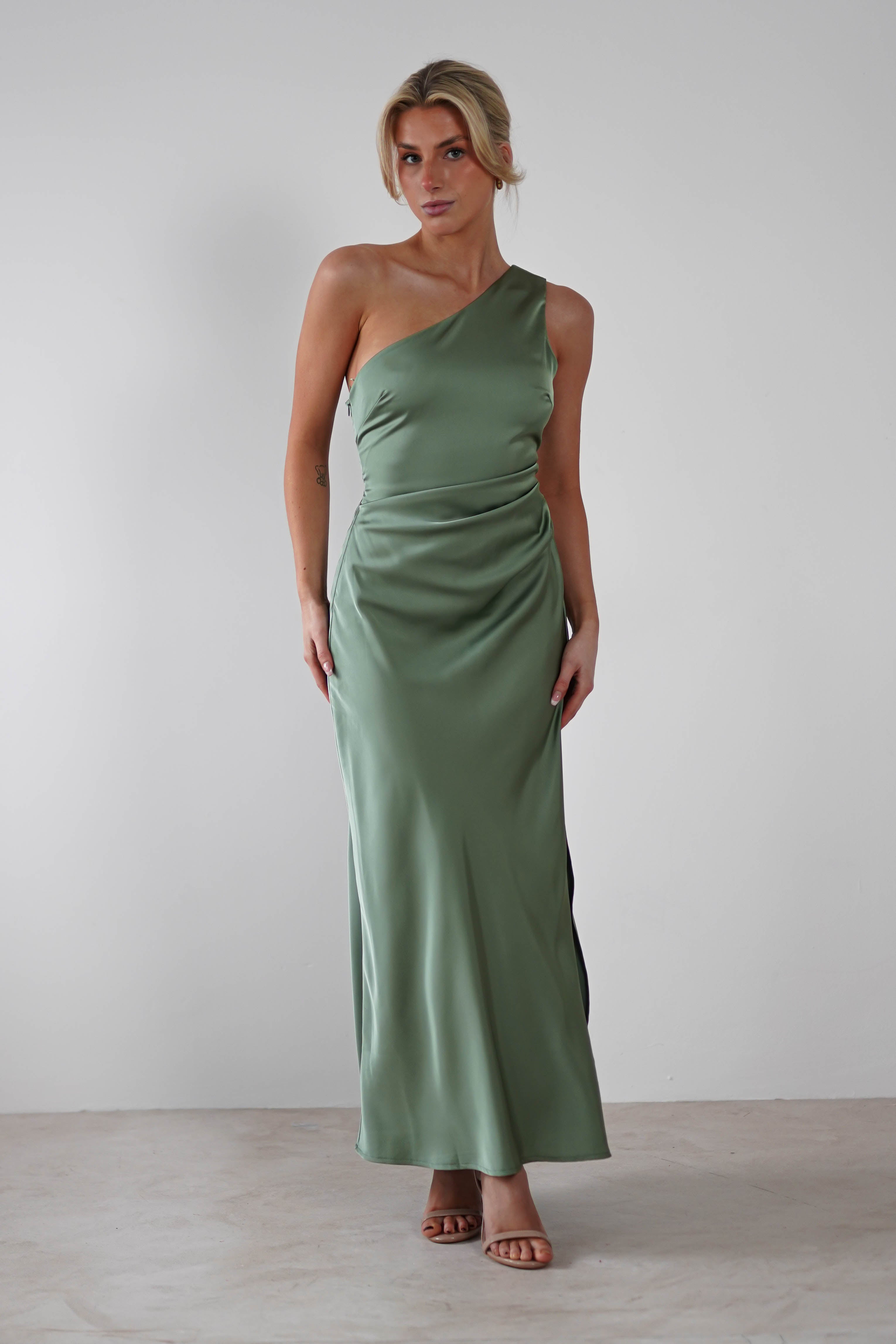 Meera Soft Matte Satin Midaxi Dress Olive | Wedding Guest Dress | Satin | Oh Hello Clothing